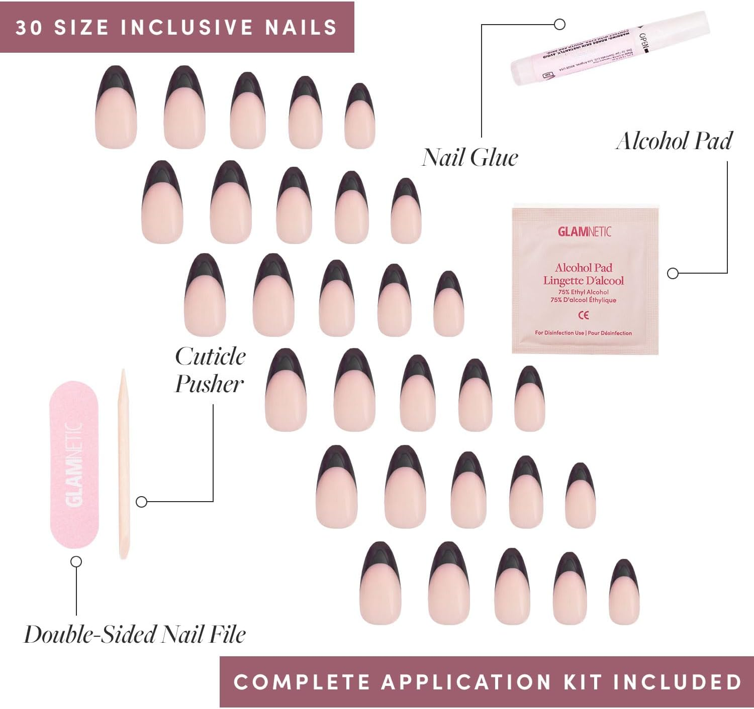 Glamnetic Press on Nails - Caviar | Semi-Transparent, Short Almond Nails, Reusable | 15 Sizes - 30 Nail Kit with Glue image number 2