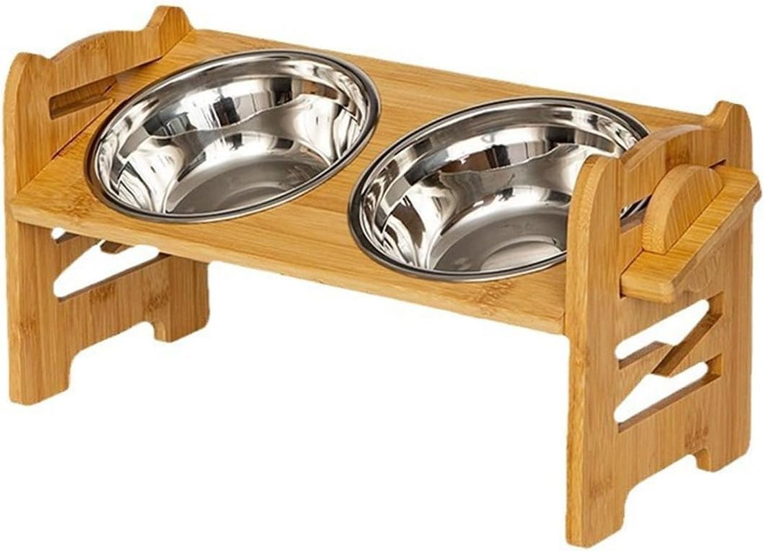 AIMALL Elevated Bamboo Pet Feeder with Two Stainless Steel Bowls, Adjustable Height for Dogs and Cats, Non-Slip Base, Easy-To-Clean Removable Bowls, 16.73 X 6.29 Inches, Sturdy image number 4