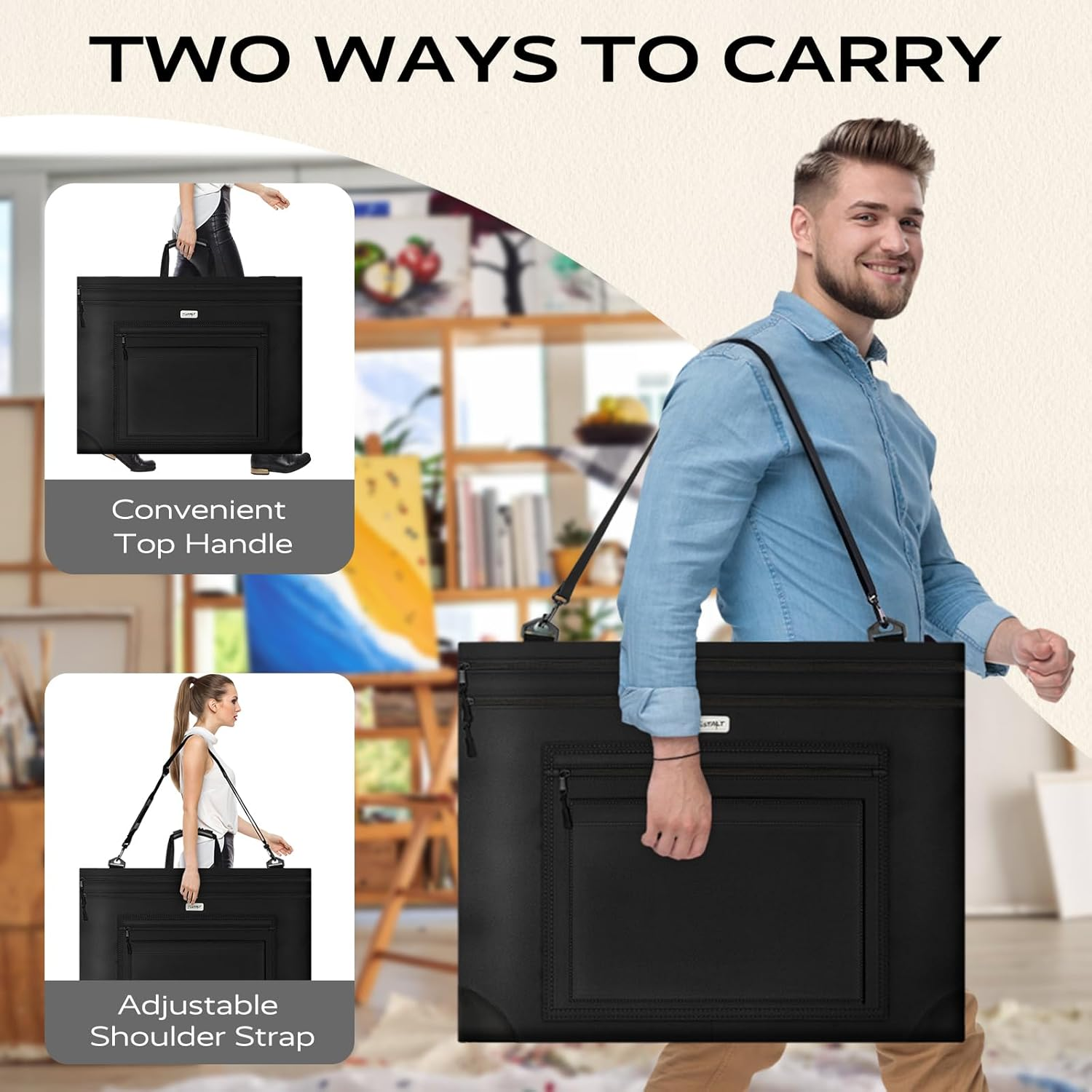 Jusart Art Portfolio Bag, 18X24 Light Weight Portfolio Folder Case with Adjustable Shoulder Strap, Leather Corners, Waterproof Carrying Storage Case for Artwork, Poster, Sketching, Drawing image number 5