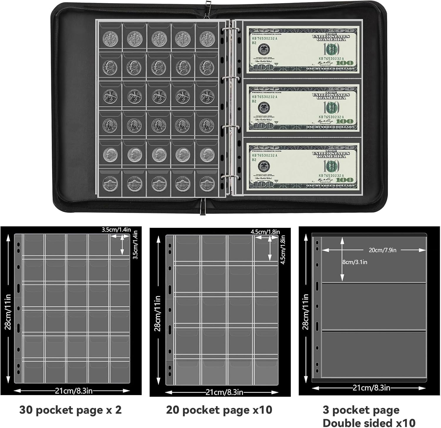 World Map Coin Collection Album for Collectors Holder, Expandable Coin Storage Book with Secure Zipper and Handy Handle Coin Storage Case Box for Coin Collection Holder, 260 Coin & 30 Bill Sleeves image number 3