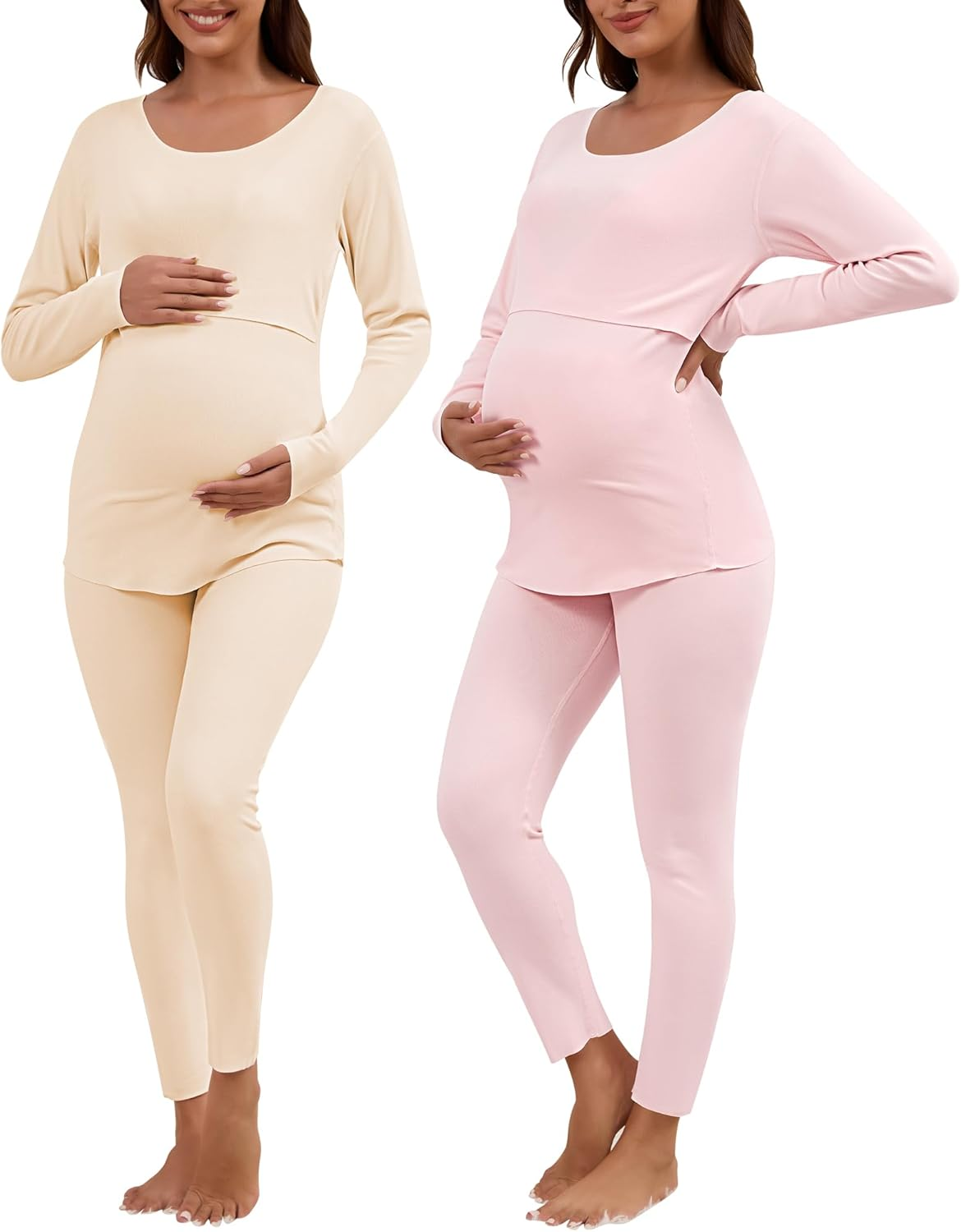Patelai 2 Pack Thermal Nursing Underwear for Women Maternity Pajama Set Breastfeeding Sleepwear Fleece Lined Pregnancy Set image number 1