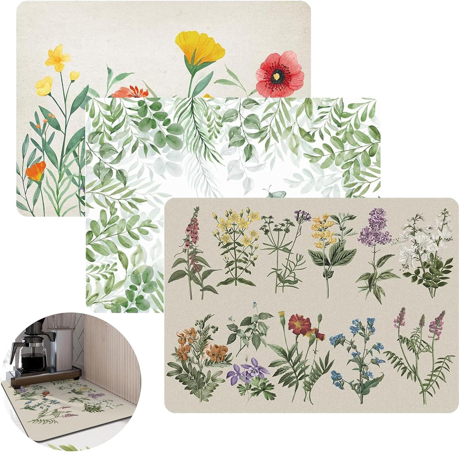 Dish Drying Mat,Coffee Mat 3Pcs,15"X23.6"Drying Mat,Kitchen Drying Mat with Flower Herbs,Coffee Bar Mats for Countertop,Kitchen Counter Dining Room Decoration image number 5