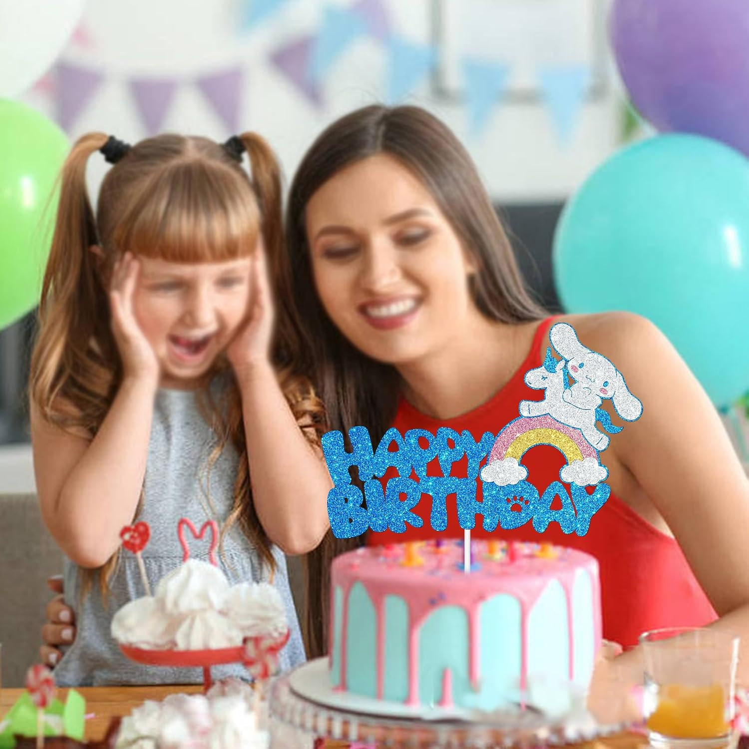 Blue Glitter Cartoon Birthday Cake Topping, Kids Birthday Cake Decoration (Blue) image number 5