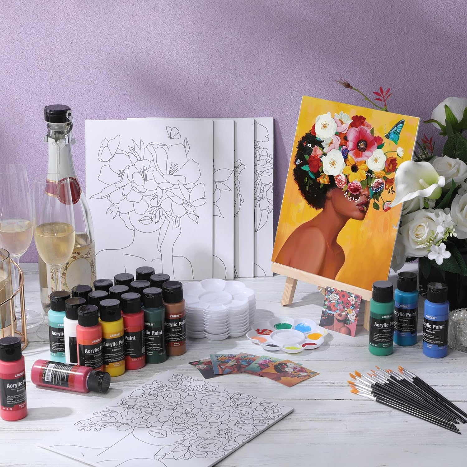 Amazingspark 6 Set Paint and Sip Kit for Adults 8"X 10" Pre Drawn Canvas for Painting Dly Acrylic Paint Set Canvas Panels Wood Easel, 24 Colors 60Ml 2Oz for Date Night Party Favors (Art Lady)