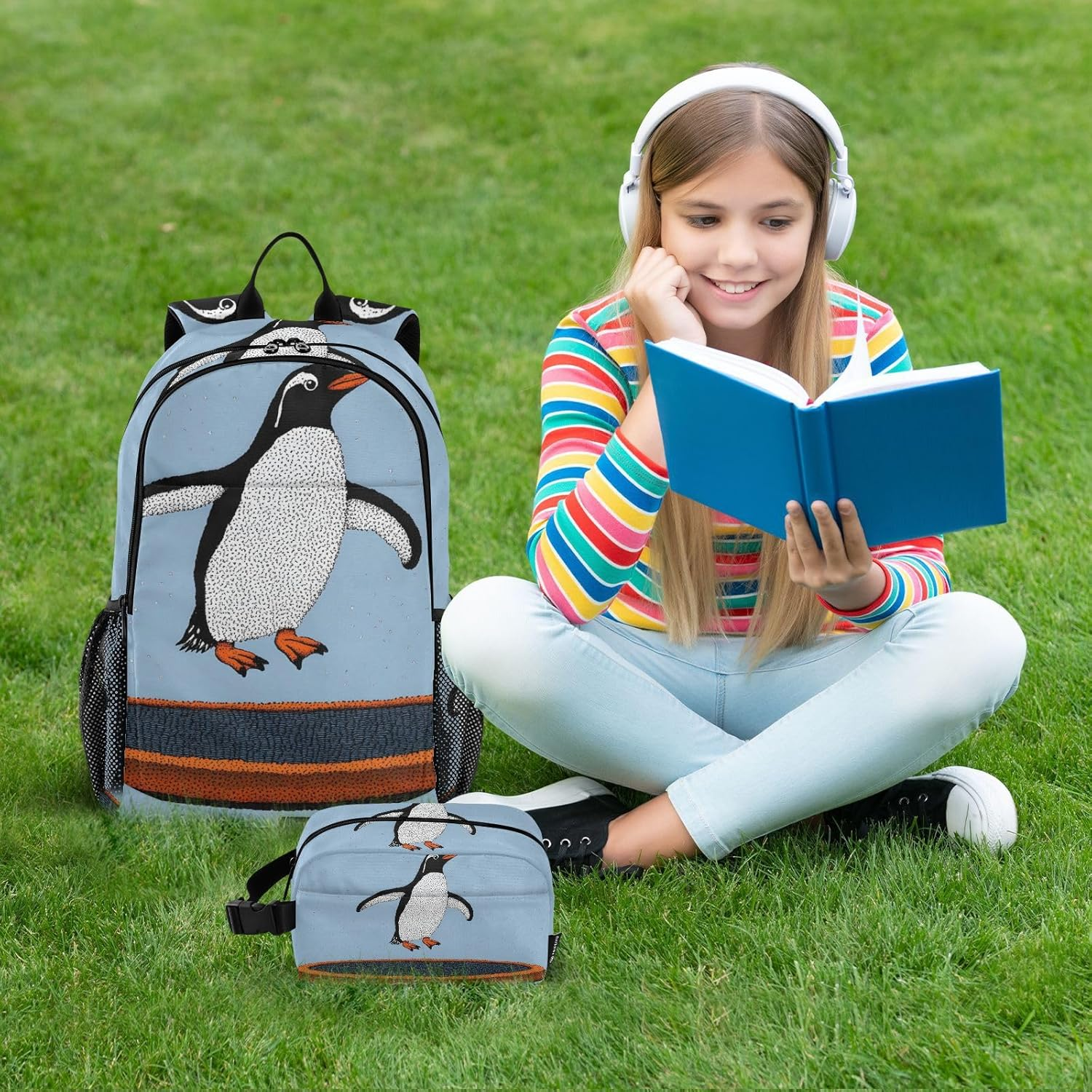 QGBYMX Backpack Penguin Jump Cute for School Girls Boys, Backpack for Women Men, Lightweight Bookbag with Lunch Box Travel Laptop Daypack 18.5&rdquo; X 11.8&rdquo;, Multi-Colored, One Size, Travel Backpacks image number 6