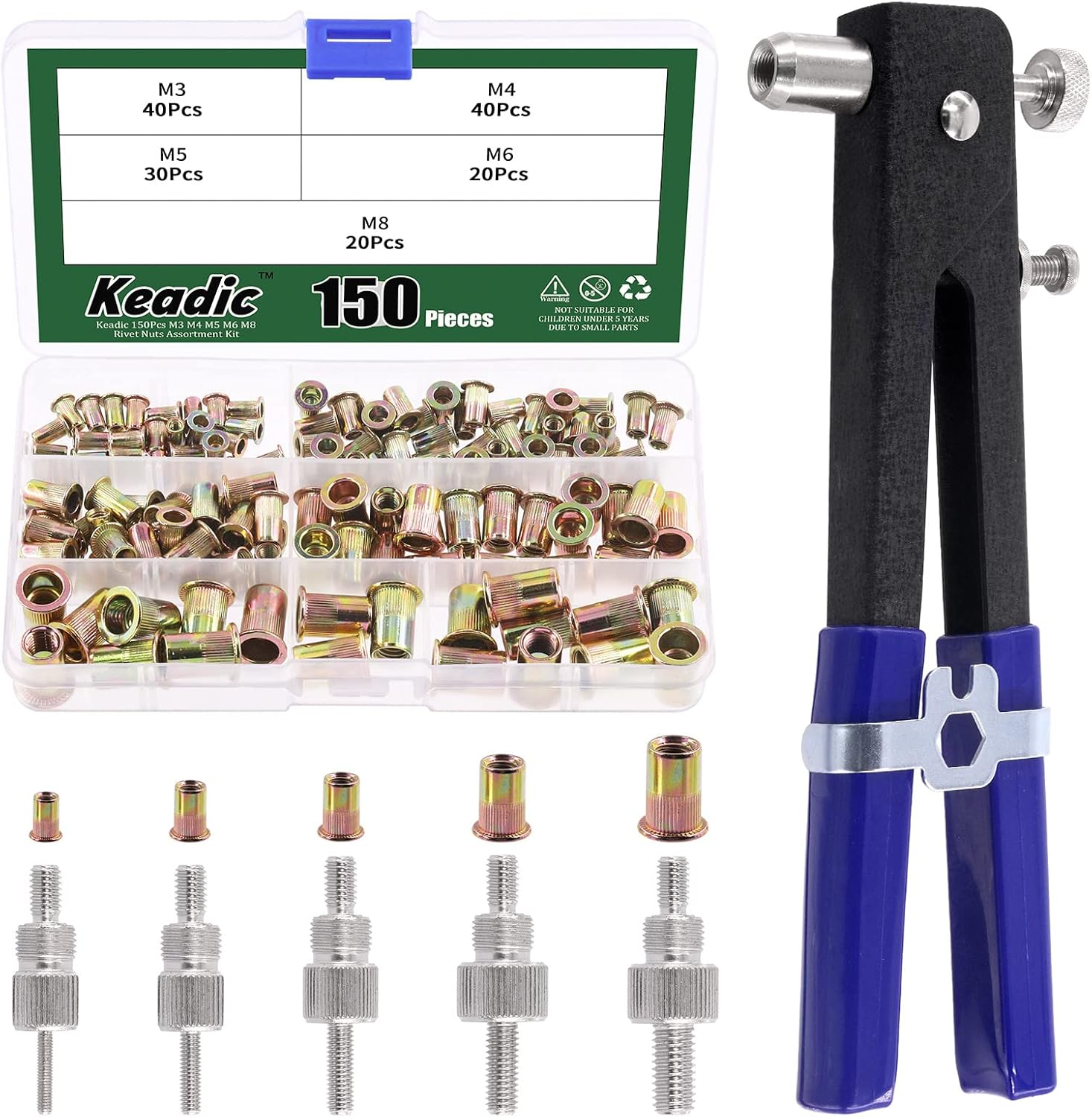 Keadic 156Pcs Heavy Duty Hand Rivet Tool Nut Setter Kit Contains Nutsert Tool with 5Pc Metric Interchangeable Mandrels and 100Pcs M3/M4/M5/M6/M8 Threaded Rivnuts for Automotive Furniture image number 2
