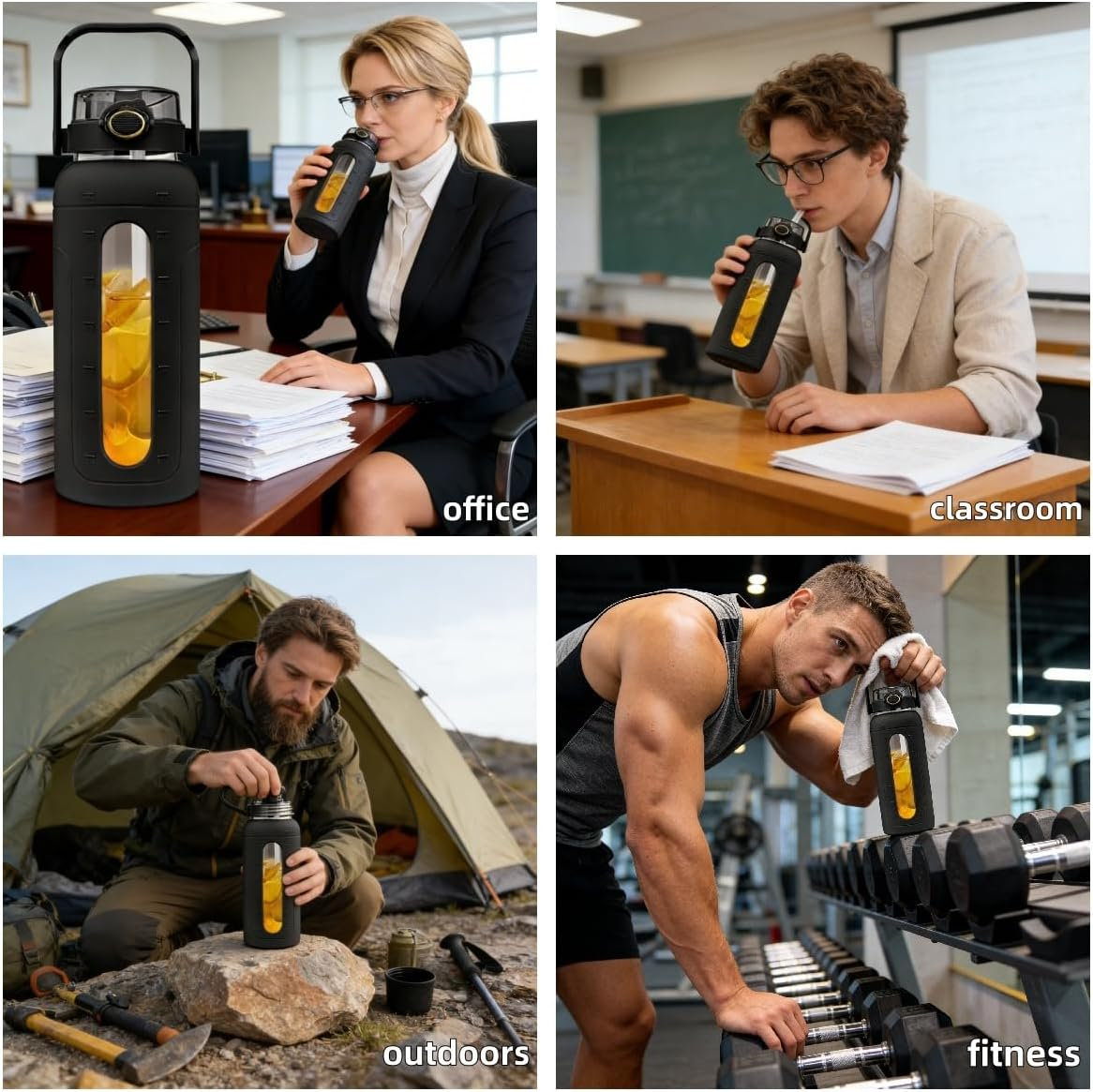 64 Oz Gass Water Bottle,Leak-Proof Sports Glass Water Cup with Straw Lid, Featuring Scale Markings and Silicone Sleeve, Bpa-Free and Reusable, Suitable for School, Gym, Travel, and Exercise image number 3