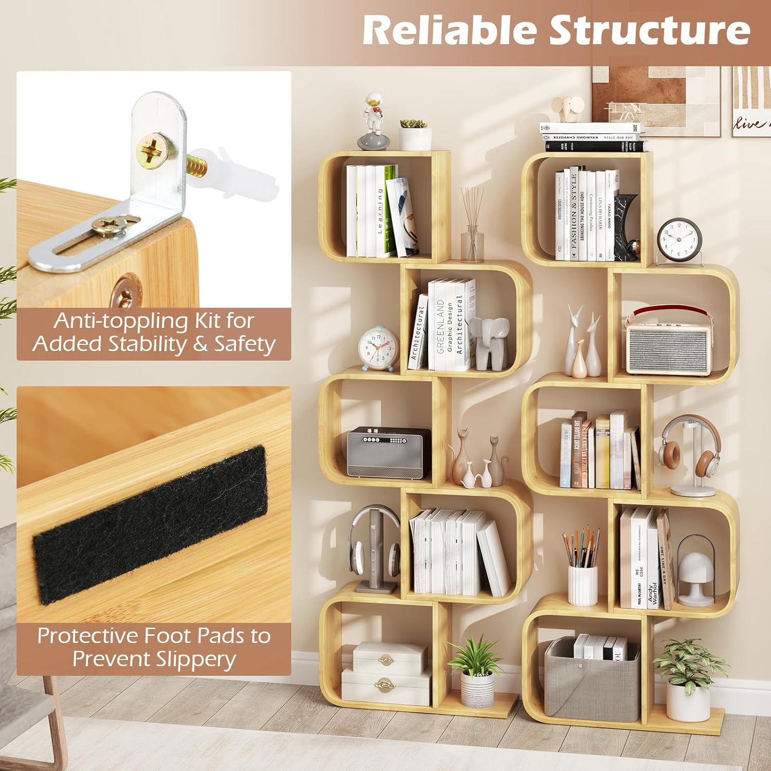 Giantex 5-Tier S-Shaped Bookcase, Bamboo Bookshelf with 5 Open Cubes, Geometric Corner Display Shelf, Decorative Storage Organizer, Floor Storage Rack for Living Room, Study, Home Office, Natural image number 6