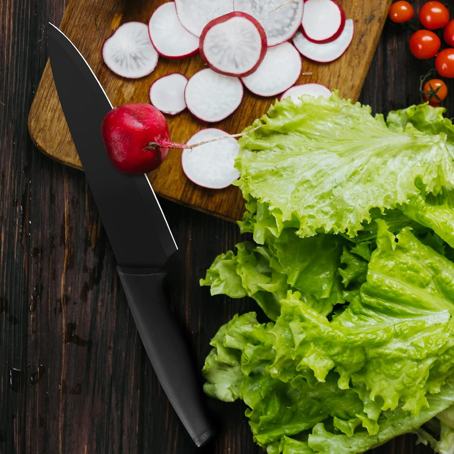 Hecef Black Oxide Knife Set of 6 with Matching Blade Protective Sheath, Black Kitchen Knife Set, Scratch Resistant & Rust Proof, Hard Stainless Steel, Non Stick Black Color Coating Blade Knives image number 1