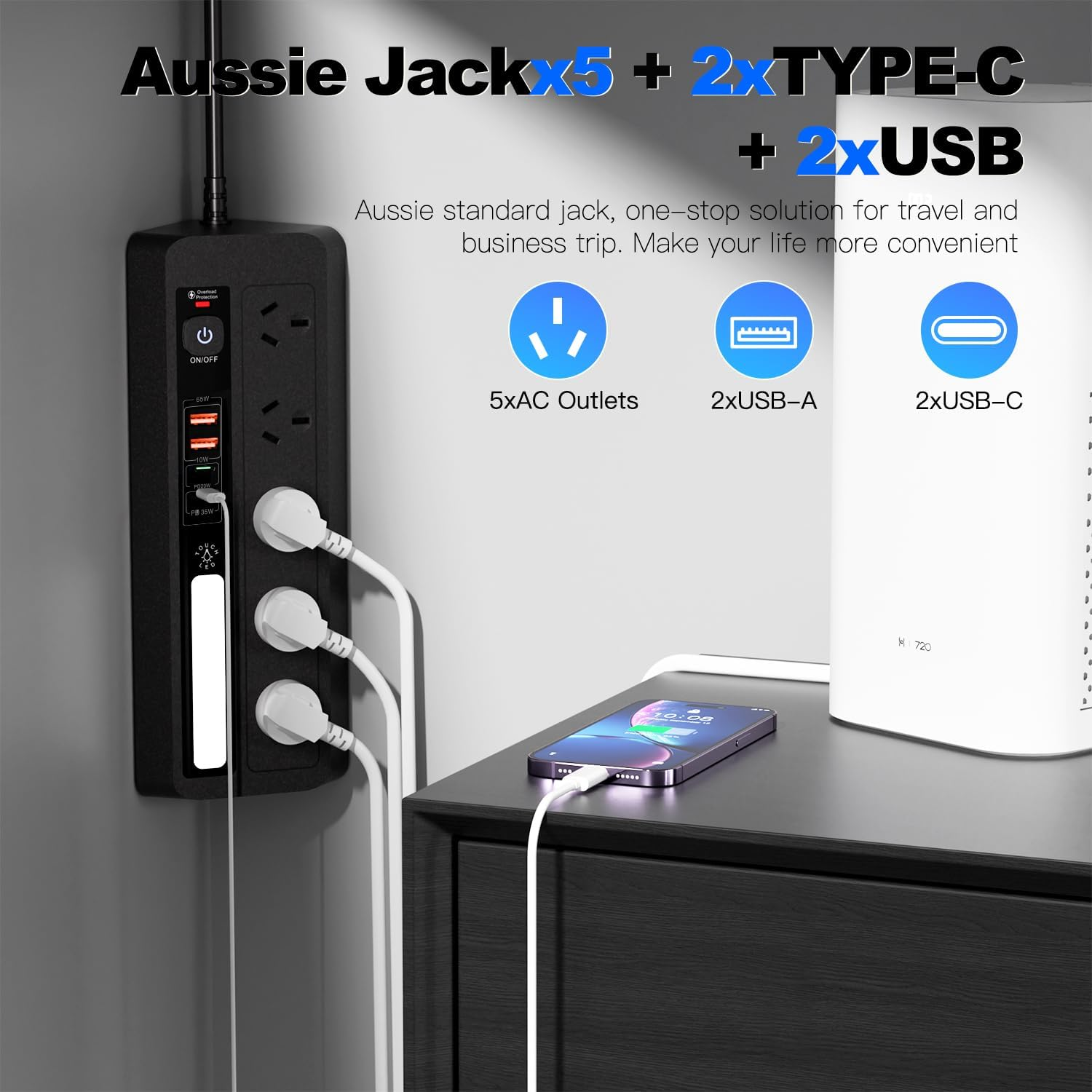 Desk Extension Lead with USB Slots, BOCHLION PD 35W + PD 20W Fast Charging Power Station with Night Light, 5 Way Plug Extension Socket Surge Protector, Desktop Power Strip 1.8M for Home Office (Black)