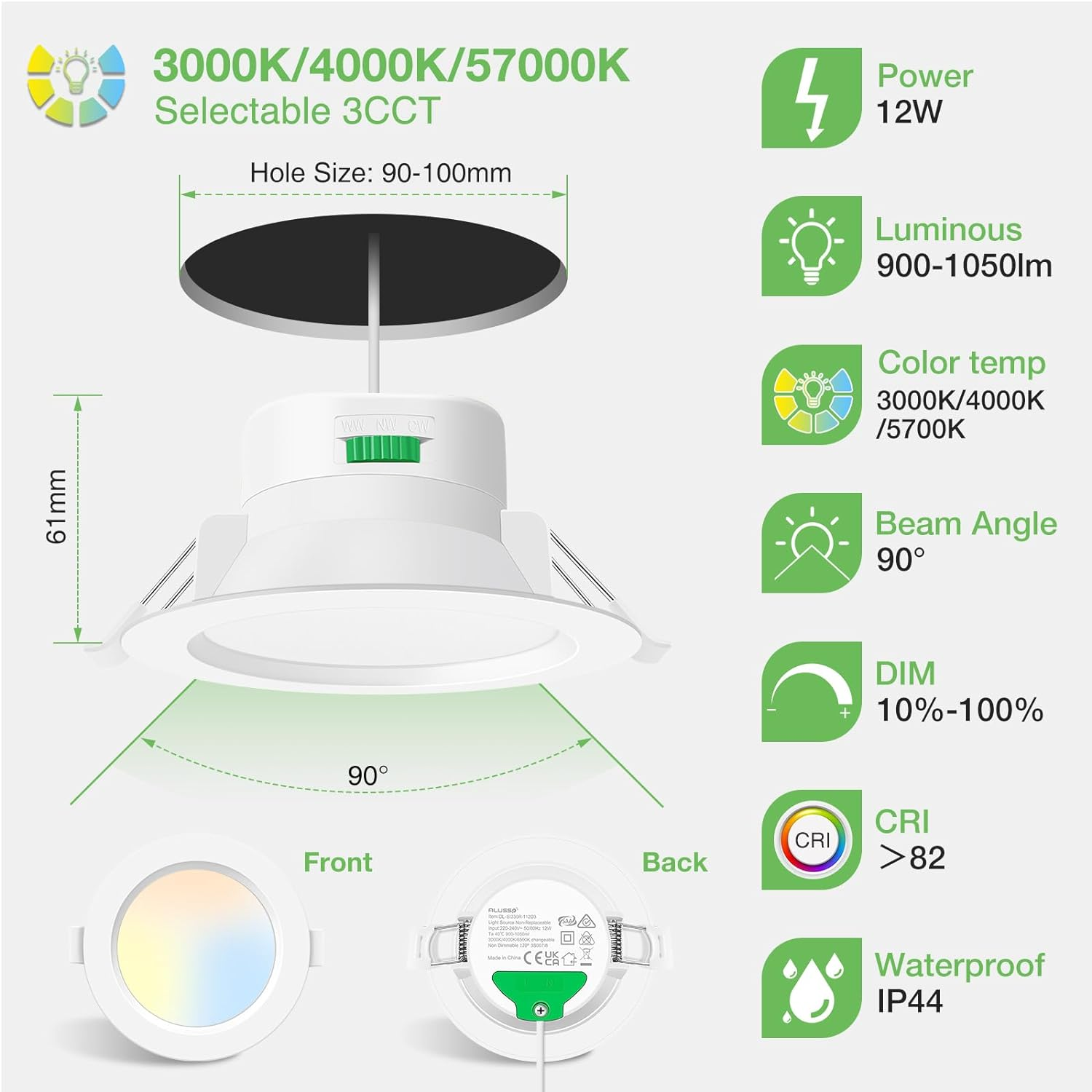 ALUSSO 12W LED Recessed Ceiling Light Dimmable IP44 Spotlight,3000K 4000K 5700K, 90-100Mm Cutout,Suitable for Bathroom,Bedroom,White, Pack of 10 image number 3