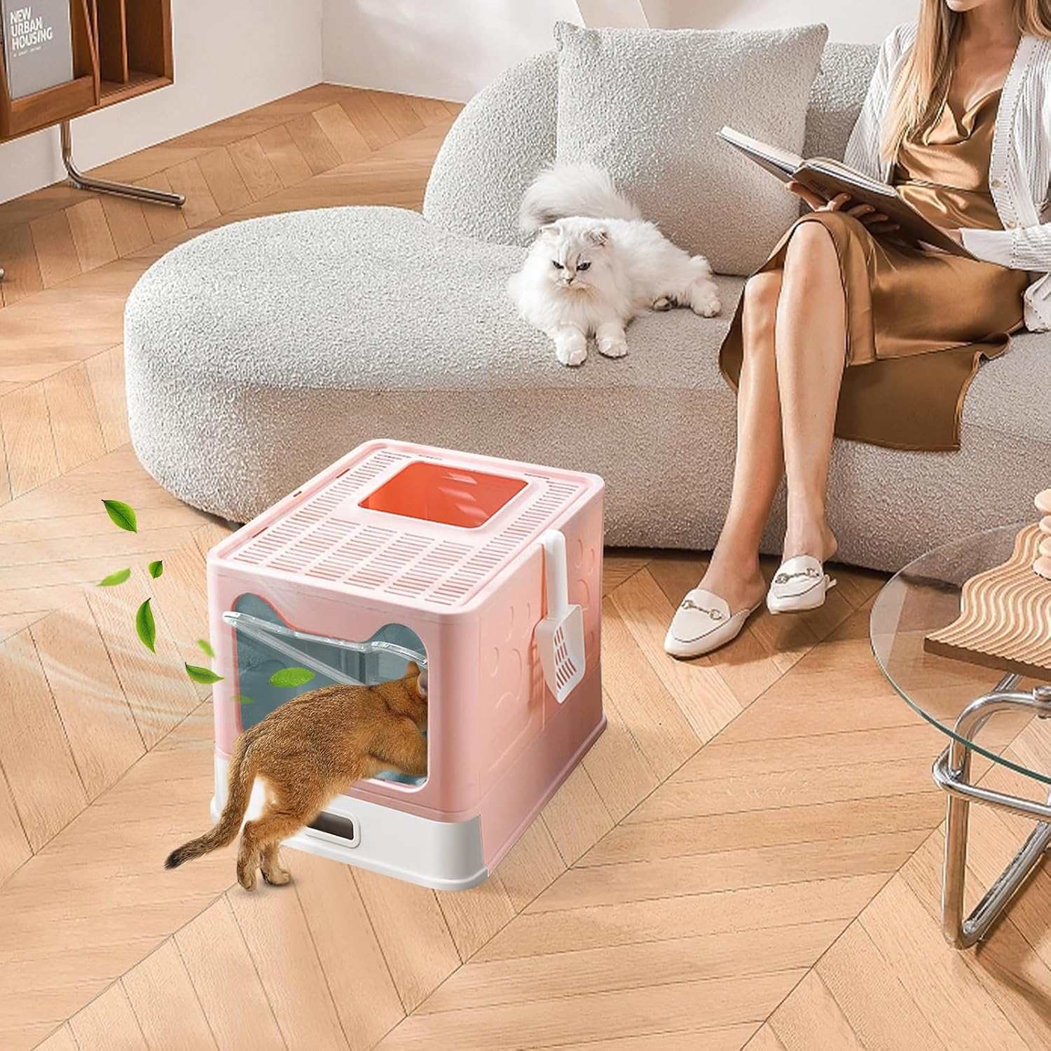 Amibud Covered Stainless Steel Cat Litter Box with Lid, Foldable Metal Enclosed XL Top Entry Kitty Litter Pan Tray with Scoop,Easy to Clean(Pink)