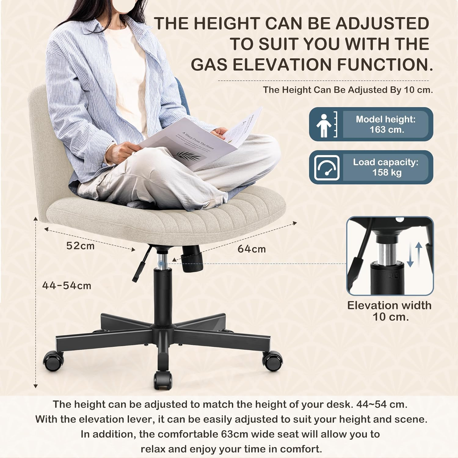 Cross Legged Desk Chair-Wide Seat Fabric Armless Chair Cloth Surface with Wheels, and Upholstered Cushioned Seat,Swivel Desk Chair for Home, Make Up, Bedroom Computer Task Chair, Beige image number 3