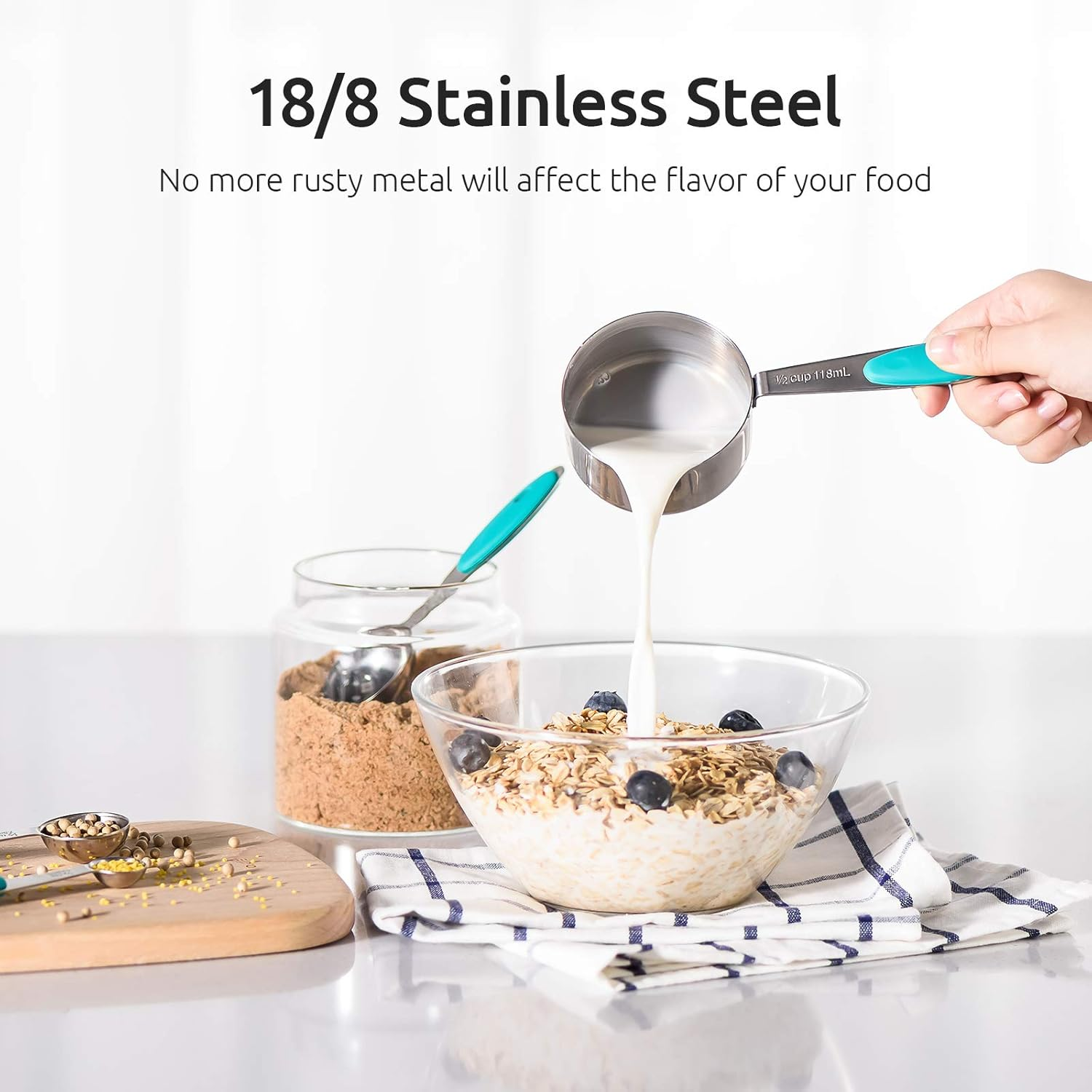 Measuring Cups and Spoons Set: U-Taste 18/8 Stainless Steel 10 Pieces Metal Nesting Stacking Kitchen Baking Cooking Food Measure Set 5 Cups 5 Spoons for Dry and Liquid Ingredient (Teal/Turquoise) image number 6