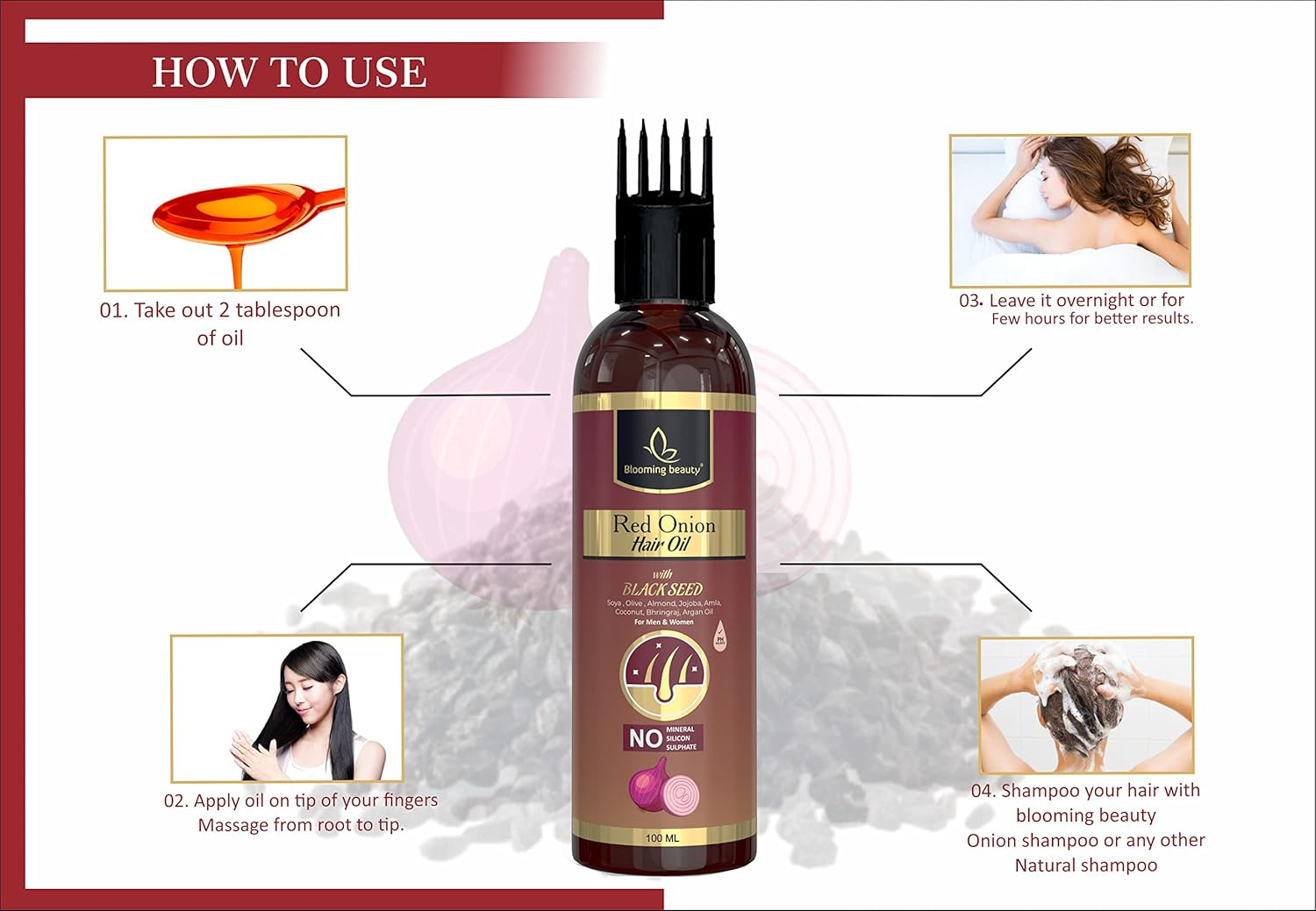 Blooming Beauty Onion Hair Oil for Hair Growth, anti Dandruff & Red Oninin | Onion Hair Oil for Anti-Dandruff, Long Hair, Hair Fall Controls, Baldness, Alopecia ,Hair Loss (100 Ml Comb Applicator ) image number 1