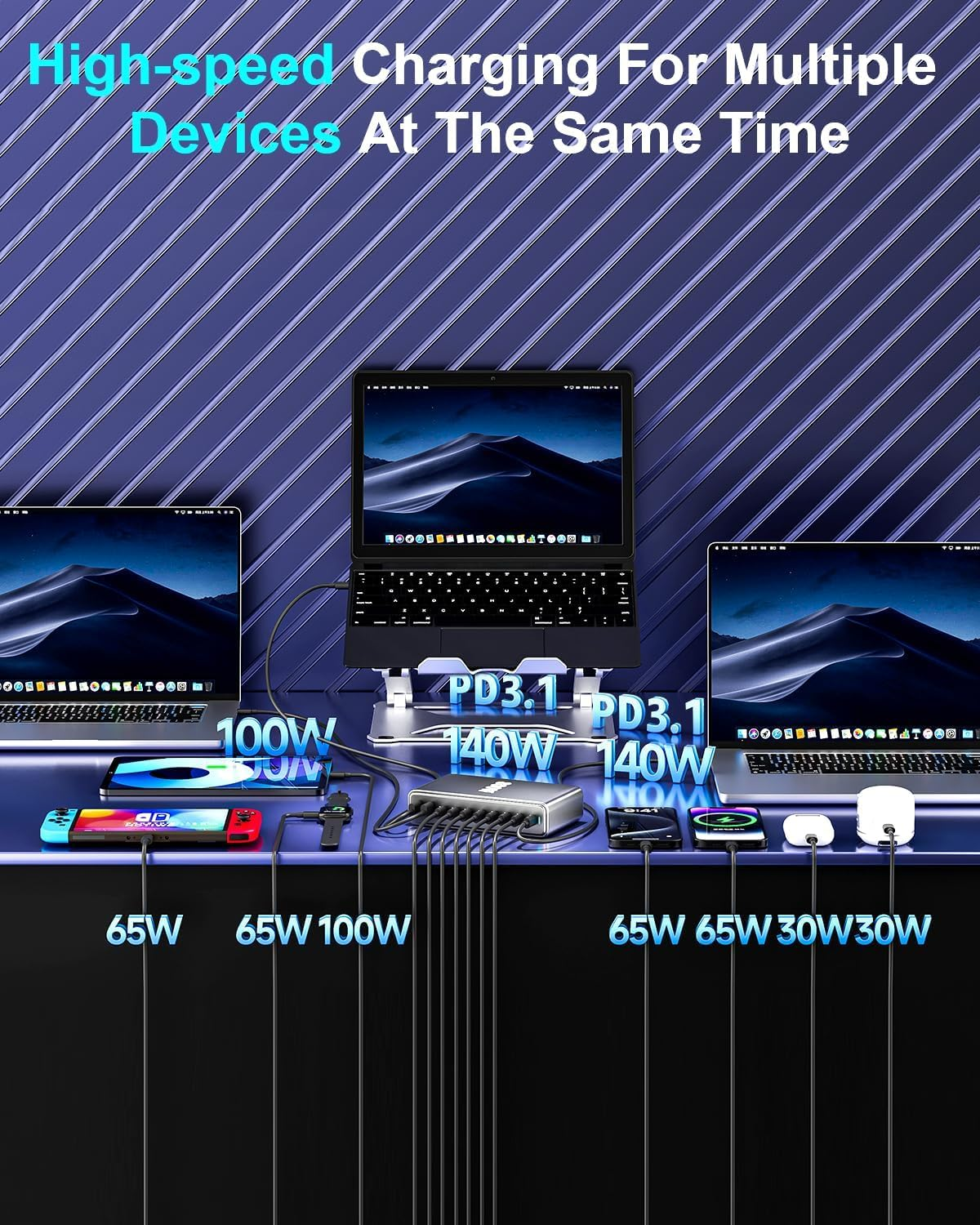 Cyperever 800W USB C Fast Charger Block,10 Port USB Charging Station,Gan III 10-Port Fast Charging Station Hub,Pd 3.1 140W Laptop Charger Adapter Compatible with Macbook,Dell,Steam Deck,Iphone Galaxy image number 5