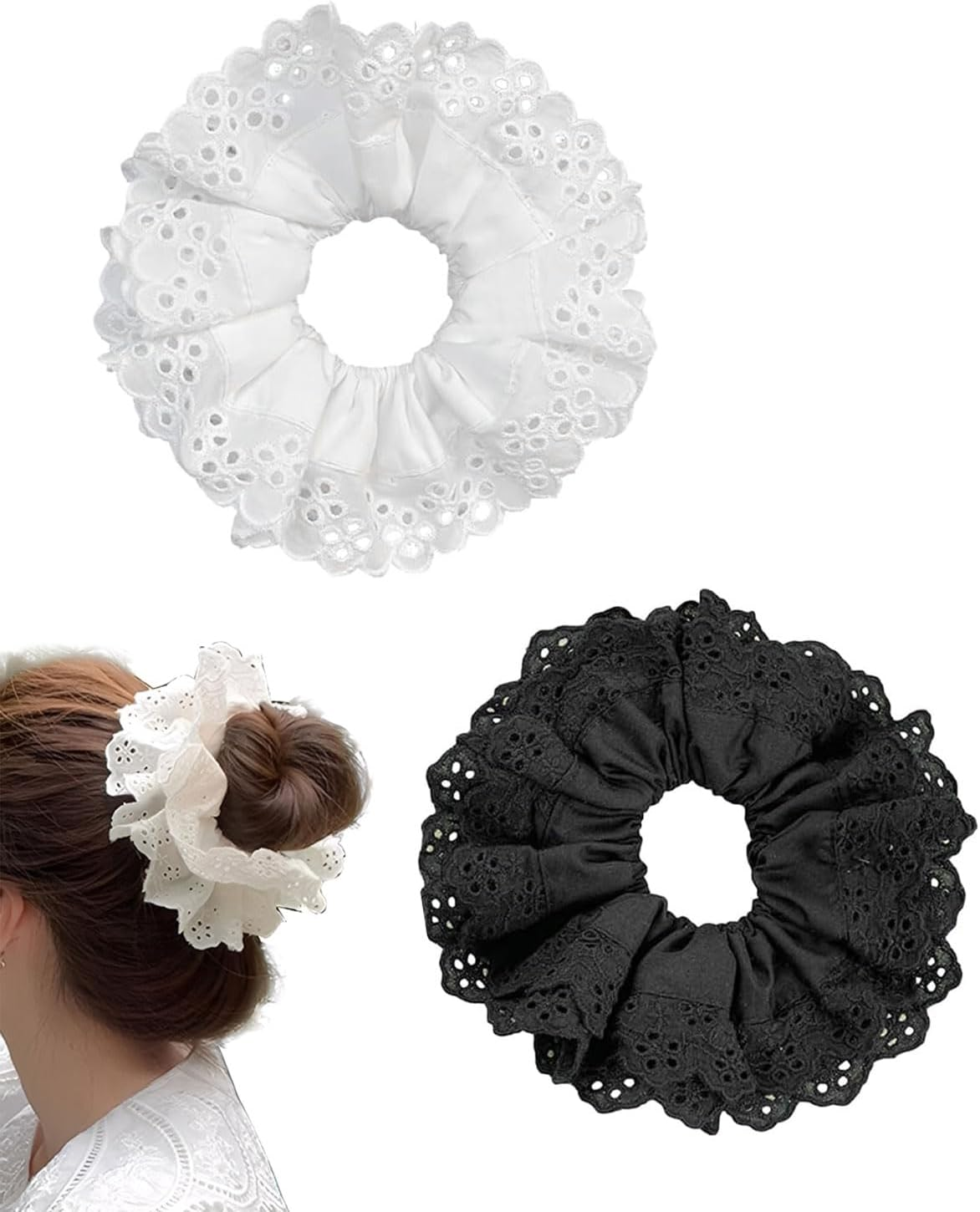 FUGLUS 2 X Elastic and Soft Hair Bobbles for Women, Large Elastic Hair Bands, Lace Suitable for Women, Thick and Long Hair, Large Curly Hair