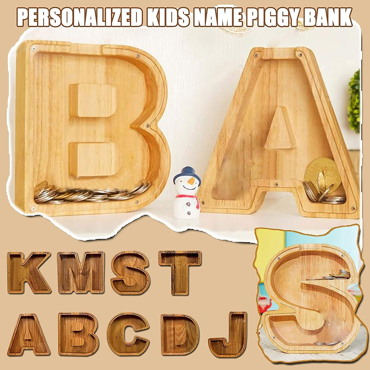 Twenty-Six English Alphabet A-Z Letter Piggy Bank ,Large-Capacity Transparent Wooden Alphabet Piggy Bank，Personalized Coin Savings Box, Name DIY Creative Purchase Combination. image number 3