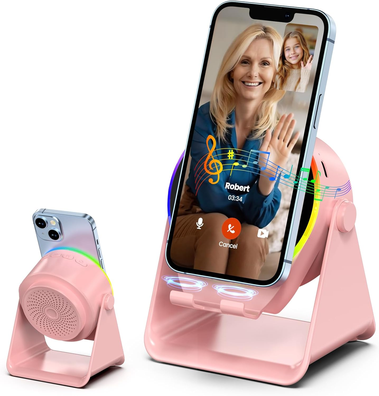 Wireless Induction Speaker, Cell Phone Stand with Bluetooth Speaker, Stereo Sound, RGB Ambient Light, Phone Holder Compatible with Iphone/Ipad/Android/Samsung Galaxy (Pink)