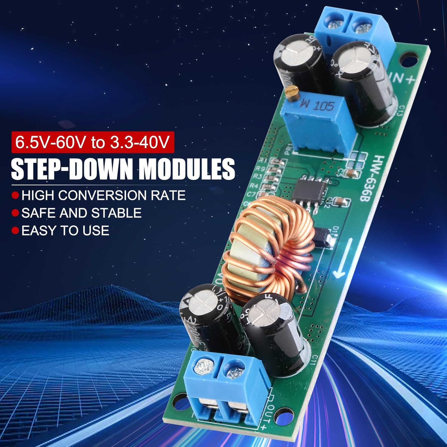 EVTSCAN 6.5V-60V to 3.3V-40V DC-DC Buck Converter Board, Step-Down Adjustable Output Voltage Converter, with 5A Max Output, Screw Terminals Connection image number 5