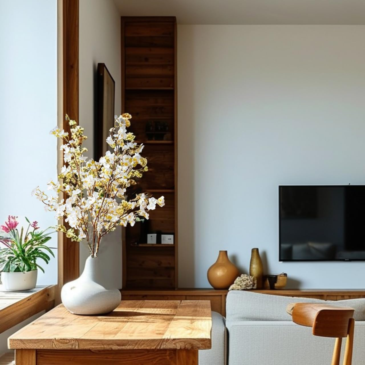 Artificial Cherry Blossom Flowers, 3 Pcs Faux Cherry Blossom Stems Faux Silk Peach Flower Branches 104CM/ 41" Fake Flowers Long Stems for Vase Arrangements Wedding Table Garden Home Decor, White image number 5