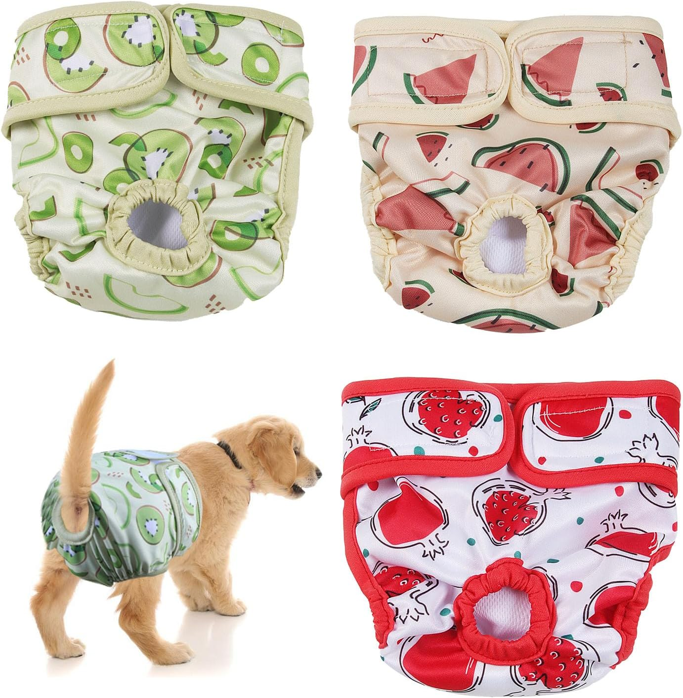 Larfraecy Washable Female Dog Nappies 3Pcs Super Absorbent Puppy Sanitary Wrap,Stylish Strawberry,Watermelon & Kiwi Prints,Comfortable and Adjustable,For Dogs in Heat,Postpartum Care,Travel image number 2