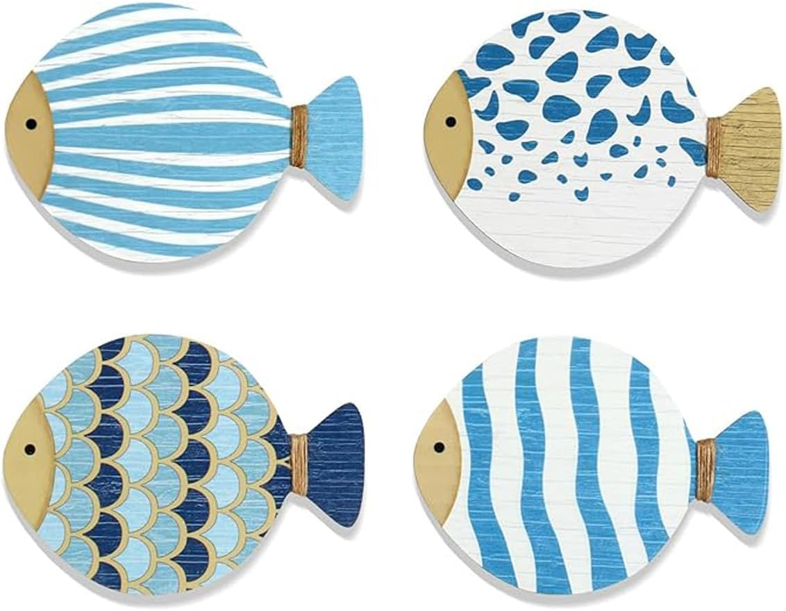 4 Pcs Vintage Beach Wall Decor,Wooden Fish Nautical Wall Art,Coastal Wall Art,Blue Fish Wall,Sculpture Lake House Hanging Decor,Ocean Room Decor for Bathroom Bedroom,Vintage Blue Fish Ornaments image number 4