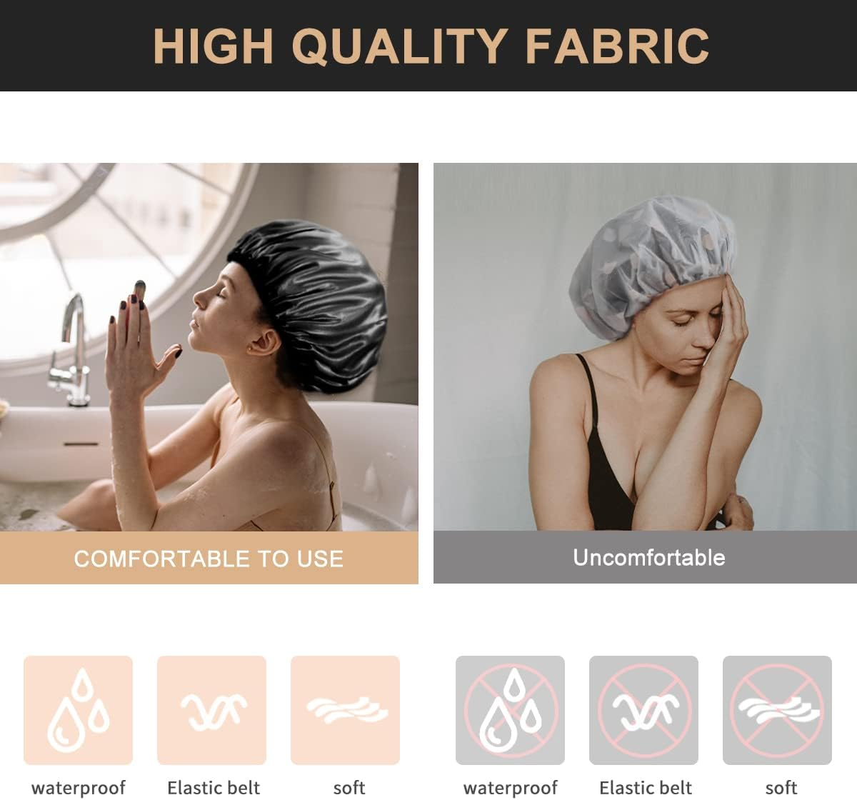 Aquior Shower Cap, Extra Large Shower Cap for Men, Satin EVA Double Layer Waterproof Reusable Hair Cap for Women Long Hair(All Black 4 Pack) image number 2