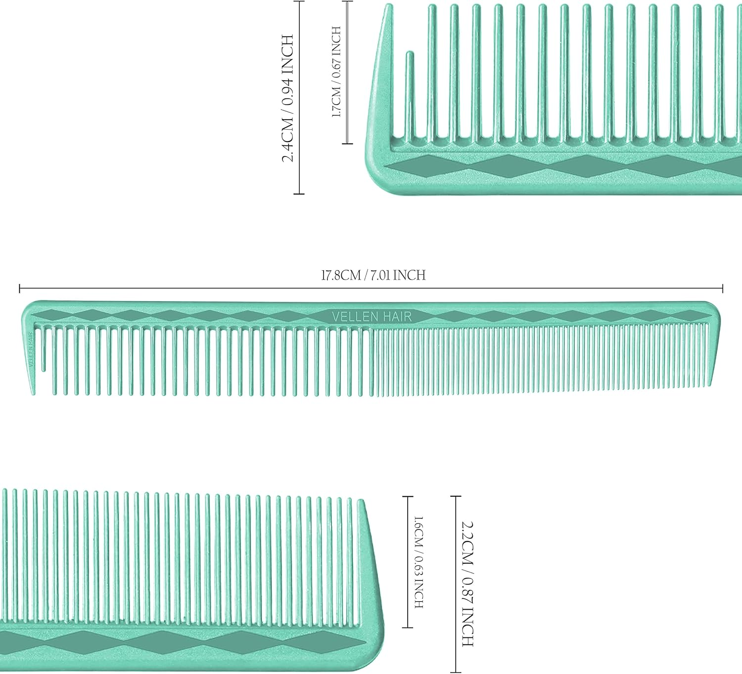 Vellen Hair Ultimate Cutting Comb 7 Inch for Men Women, Unbreakable PEI Material 430&deg;F Heat Resistant Barber Styling Combs for Hairdressers, Little Combs Fine Teeth and Extra Wide Tooth Combs (Single) (Mint) - Green image number 2