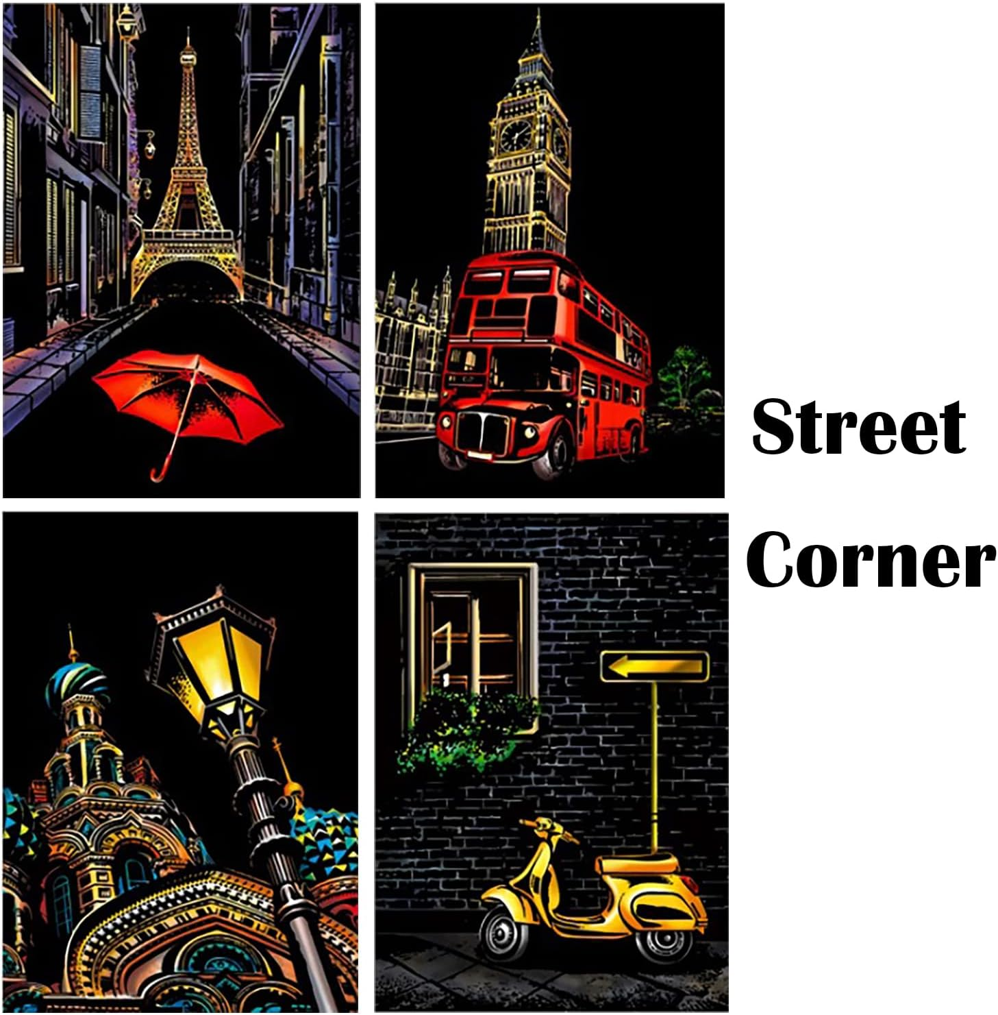 Georgie Porgy Scratch Picture Set DIY Craft Sets for Children Magic Rainbow Scratch Paper A4 Postcards for Christmas Birthday Gift with Scratch Tools Kit (Europe + Road Corner) image number 1