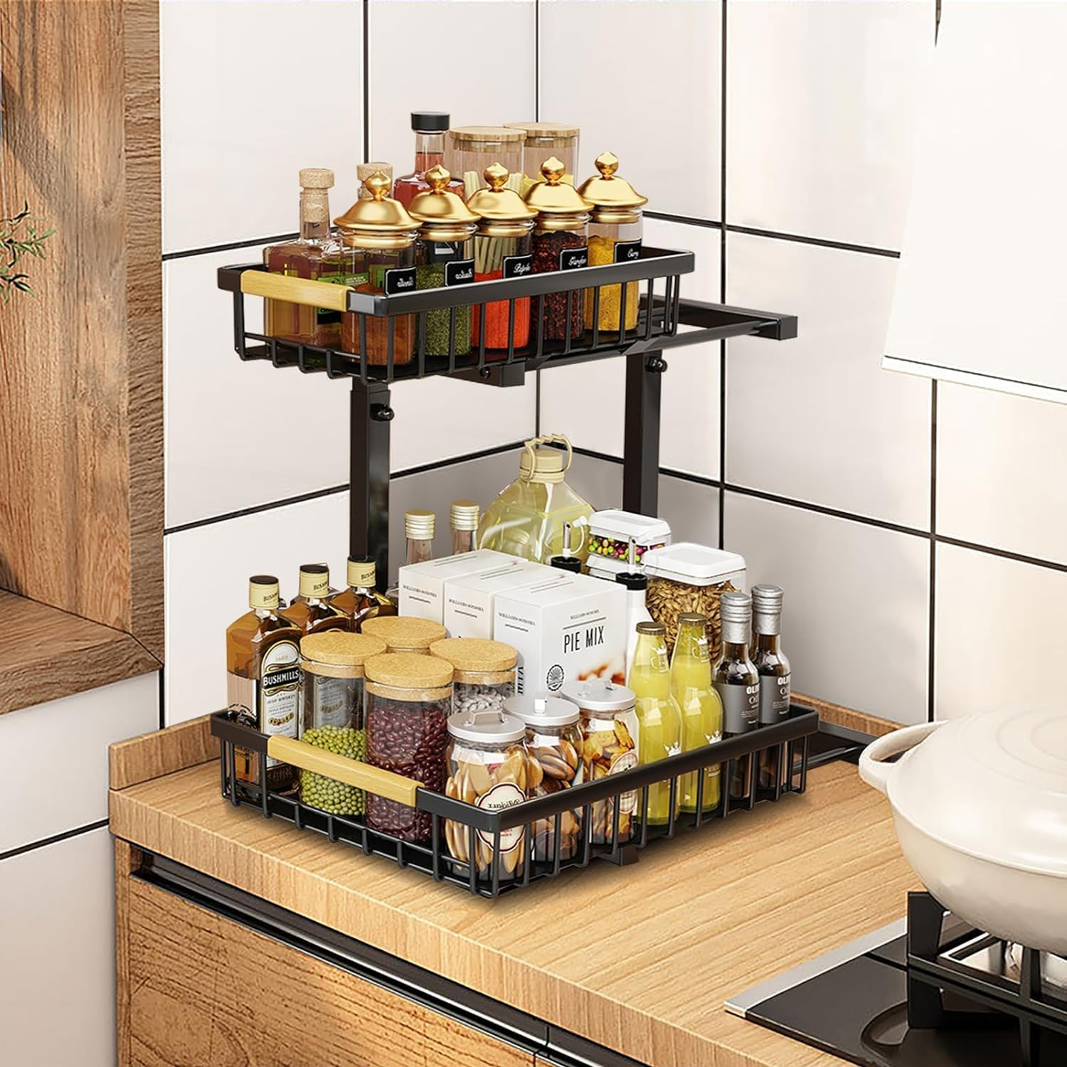 Under Sink Organizer, 2 Tier under Sink Organizers and Storage, Slide Out Pull Out Cabinet Organizer Shelf, Sliding Drawer for Kitchen Bathroom Pantry (Black -2 Pack) image number 1