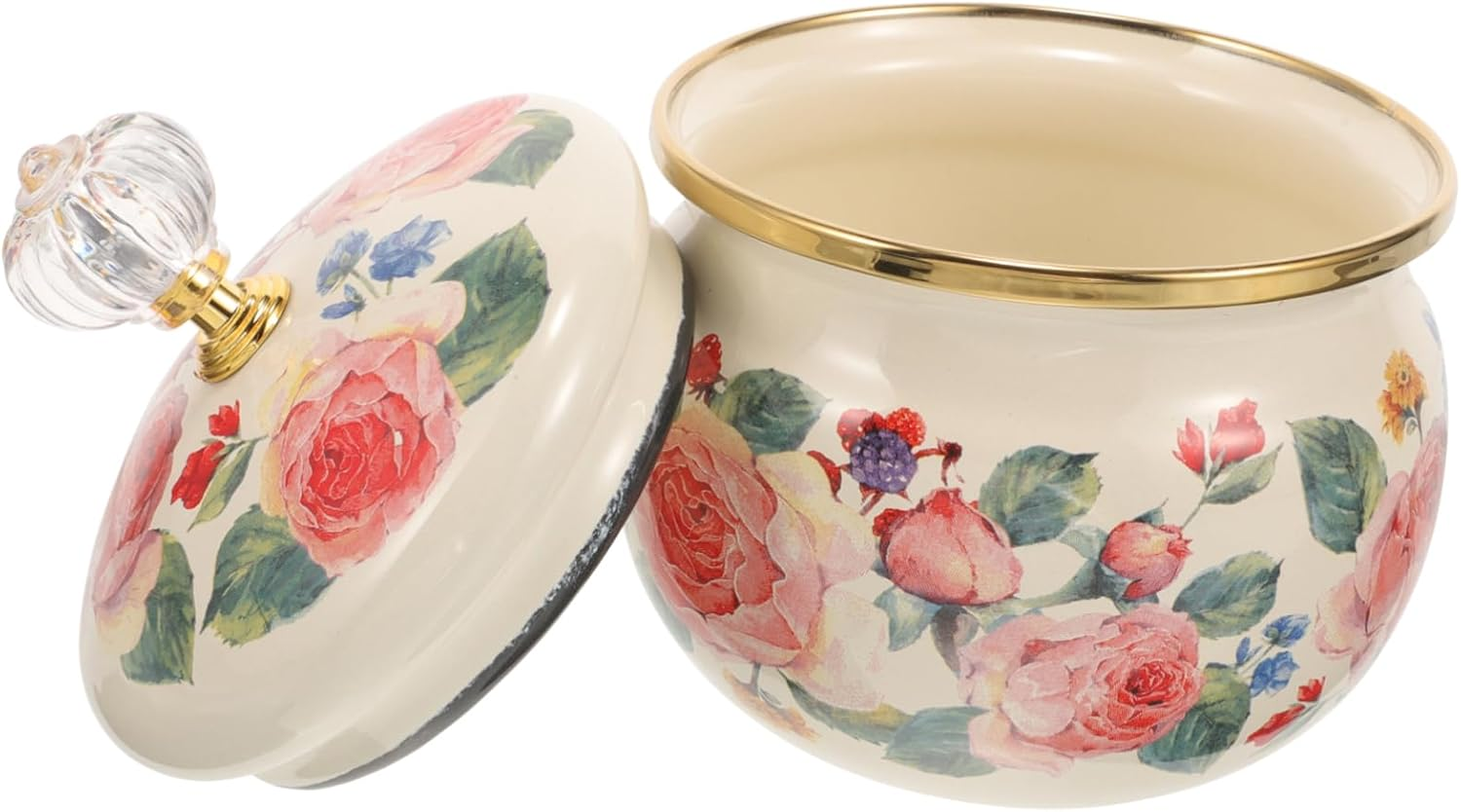 GRIRIW Enamel Spice Jar with Lid 9Cm Rose Pattern Multi-Function Ceramic Container for Kitchen Food Storage and Tea Sugar Canister Home Use image number 1