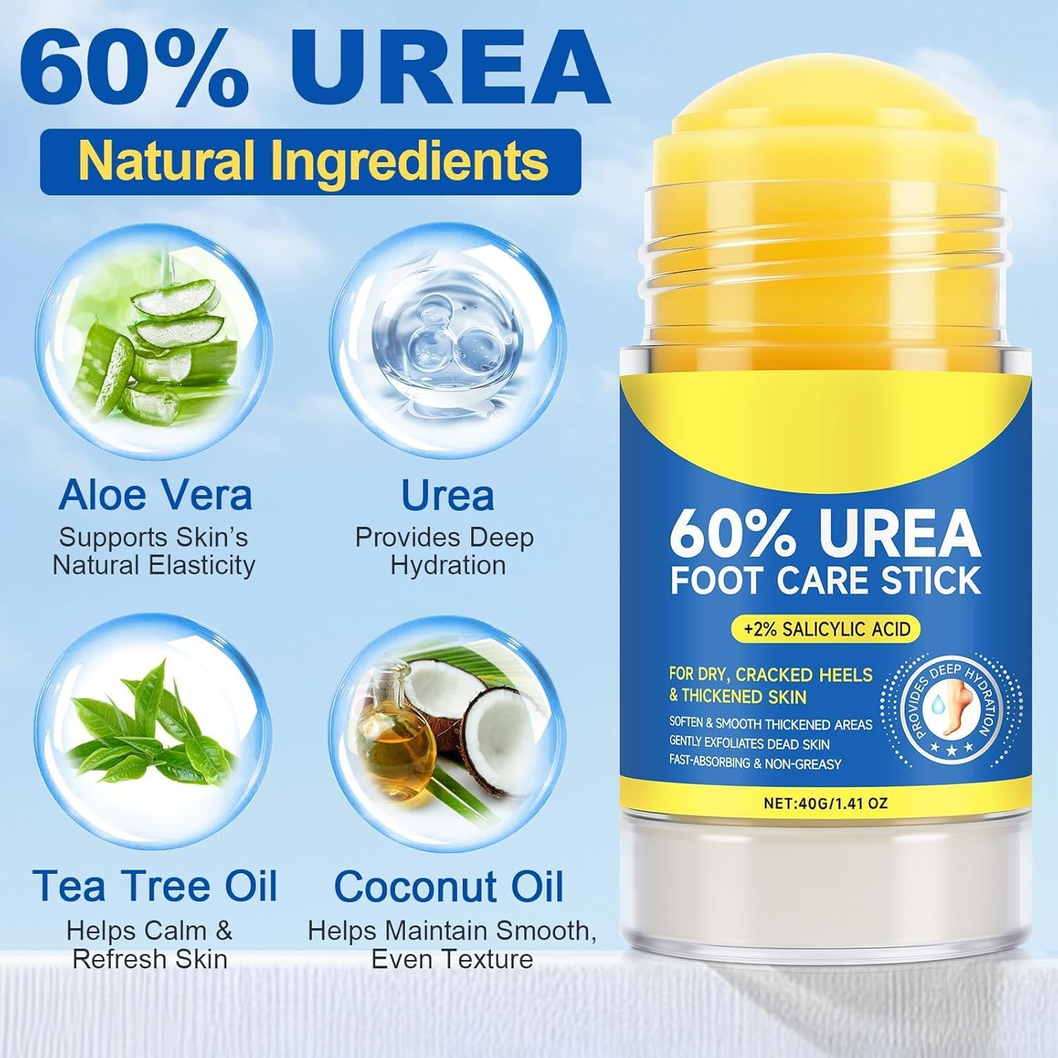 60% Urea with 2% Salicylic Acid Urea Foot Care Stick, Foot Cream Moisturizer for Dry Cracked Feet, Knees, Elbows, Hands,Moisturizes and Hydrates the Dry Skin,Callus Remover & Skin Softener image number 3