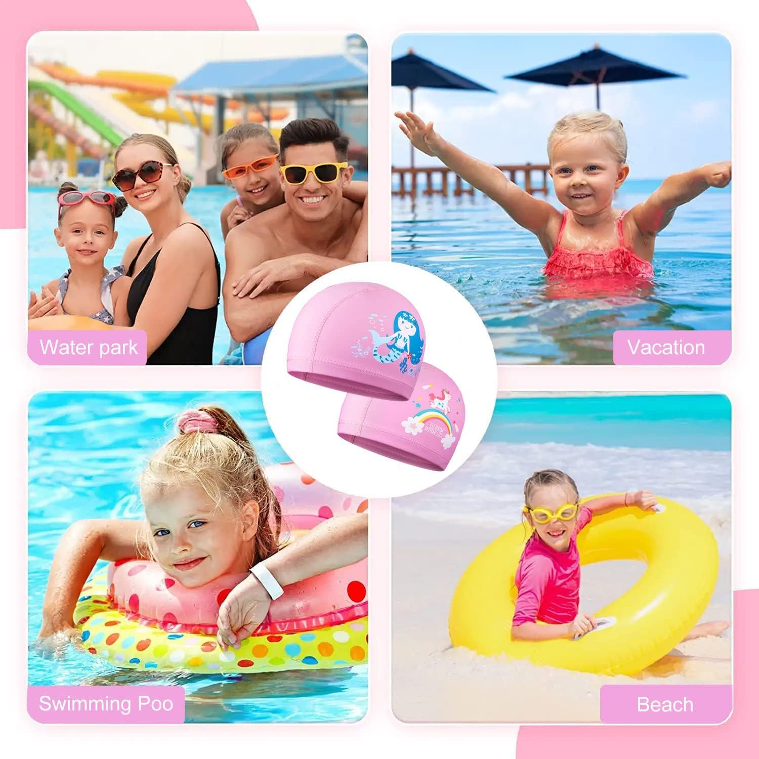 2 Pieces Swimming Cap Kids, Swim Cap Kids Long Hair, Waterproof Polyester Bonnet De Bain for Kid, Cartoon Mermaid Unicorn Kid Swim Cap, Kids Swimming Caps for Aged 2-12 Girls Teens image number 1