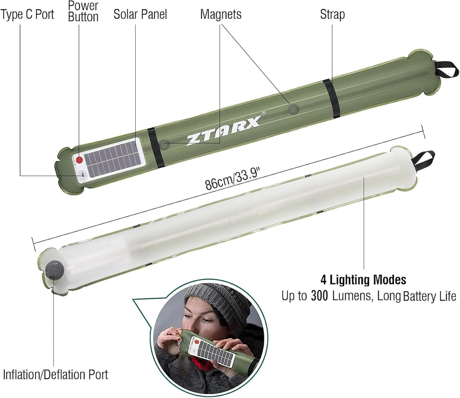 Inflatable Solar Tube Lantern &ndash; Solar and USB Rechargeable, 4 Lighting Modes, IP66 Waterproof Light Bar with Power Bank, Portable Tent Light for Outdoor Camping, Hiking and Emergency Use Indoor image number 1