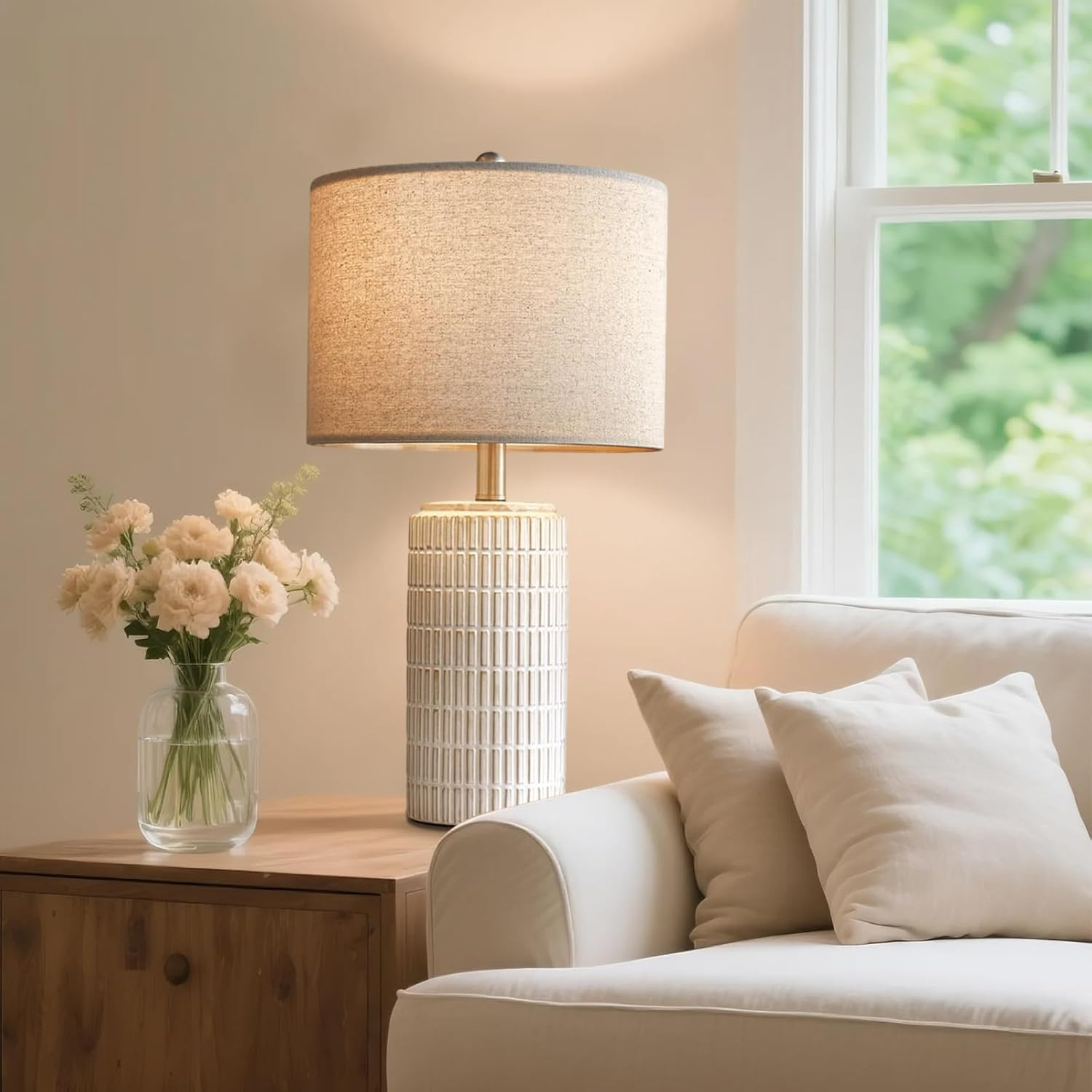 Clora Tall Bedside Lamp, Set of 2 Table Lamp, 3 Color Temperatures, Farmhouse Nightstand Light with Beige Lampshade for Living Room Bedroom Office Home Decor (Beige and White - 56Cm Ceramic Lamp)