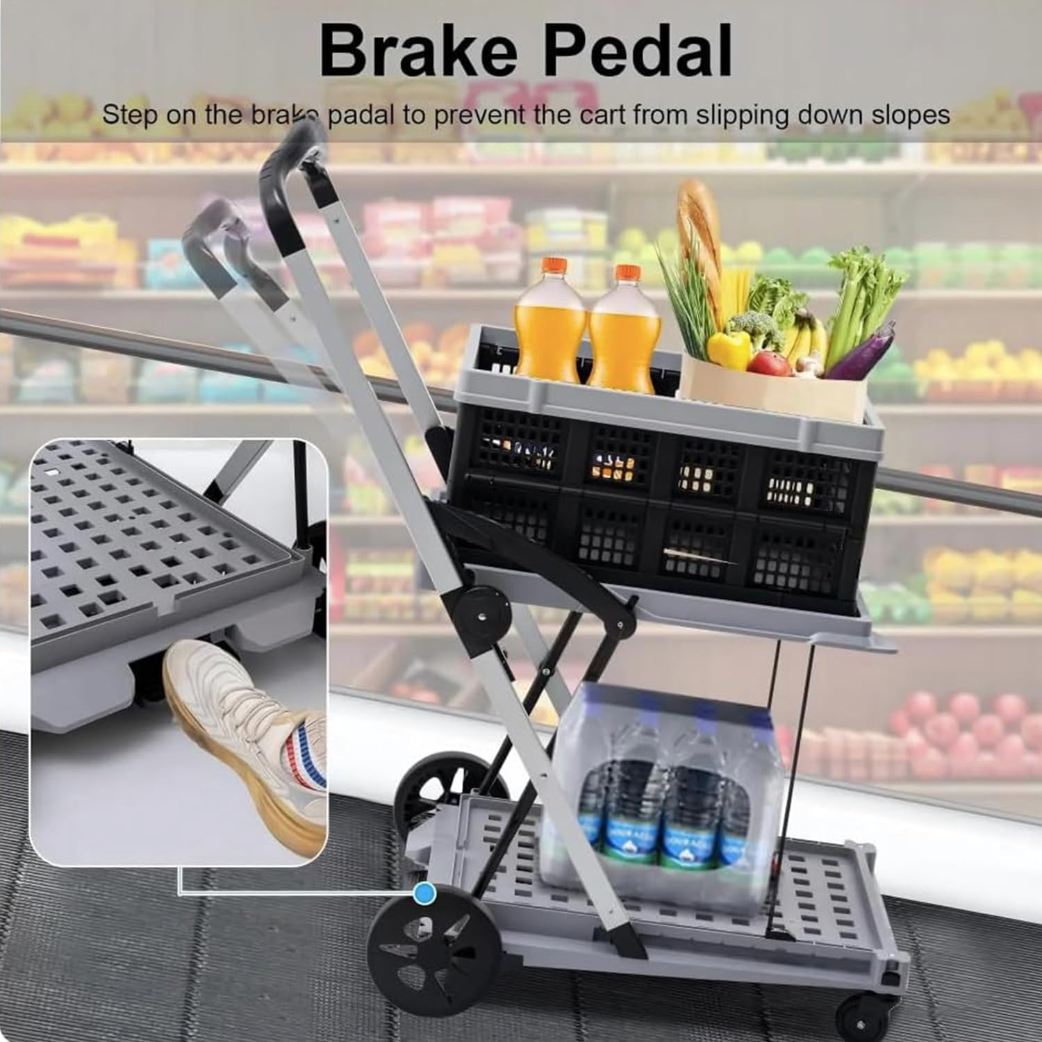 Folding Shopping Cart 2 Tier Multi Use Mobile Trolley Functional Collapsible Carts with Wheels and Removable Folding Storage Crates, for Groceries,Camping,Garage, Supermarket (Single Layer) image number 4