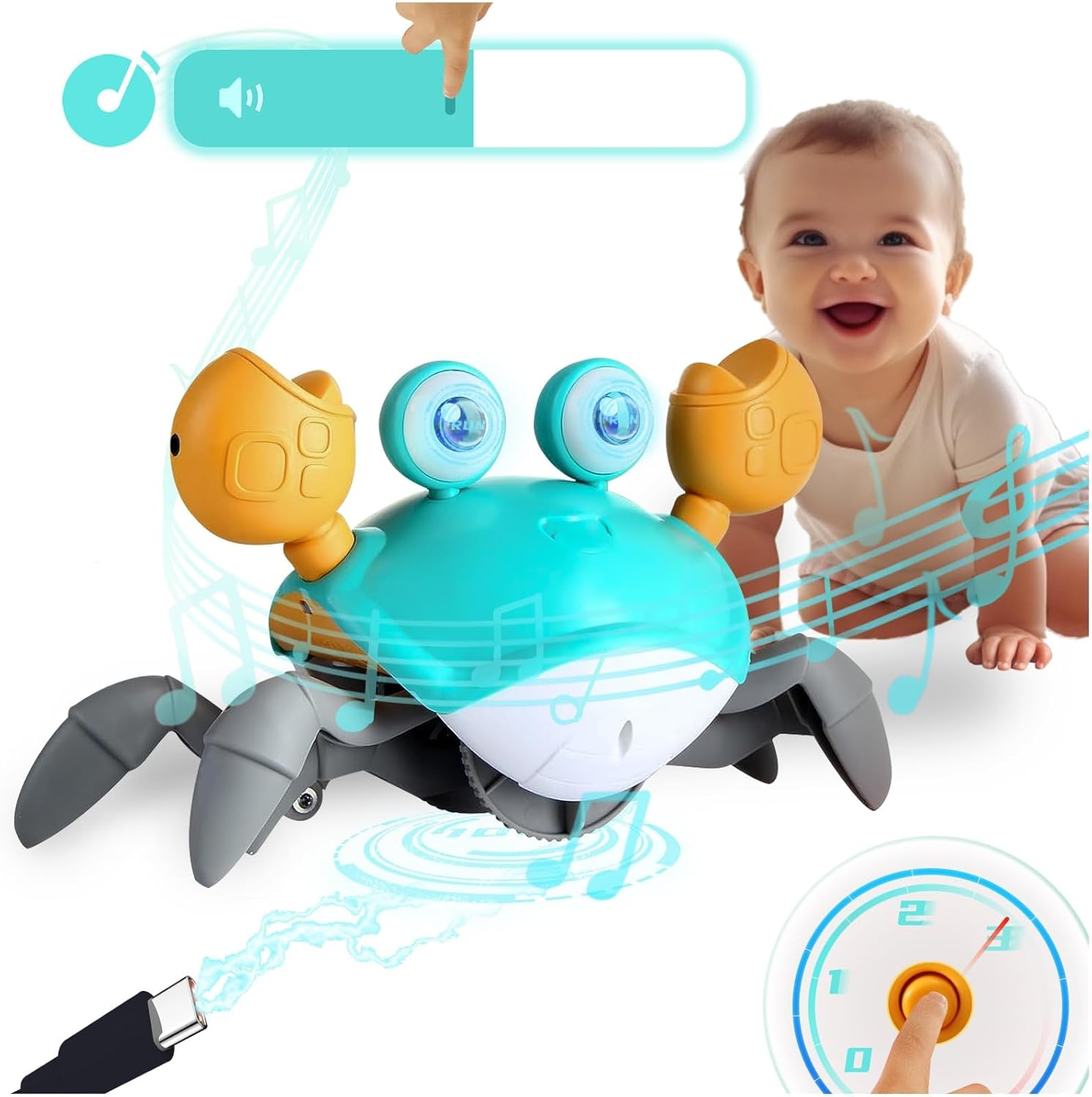 Musical Walk Crawl Move Dance Crazy Crab Toy Interactive Tummy Time Learning Development Viral Electric Led Light up Baby Toddler Kid Infant Christmas Boy Girl Present 4-12 Month Year Old