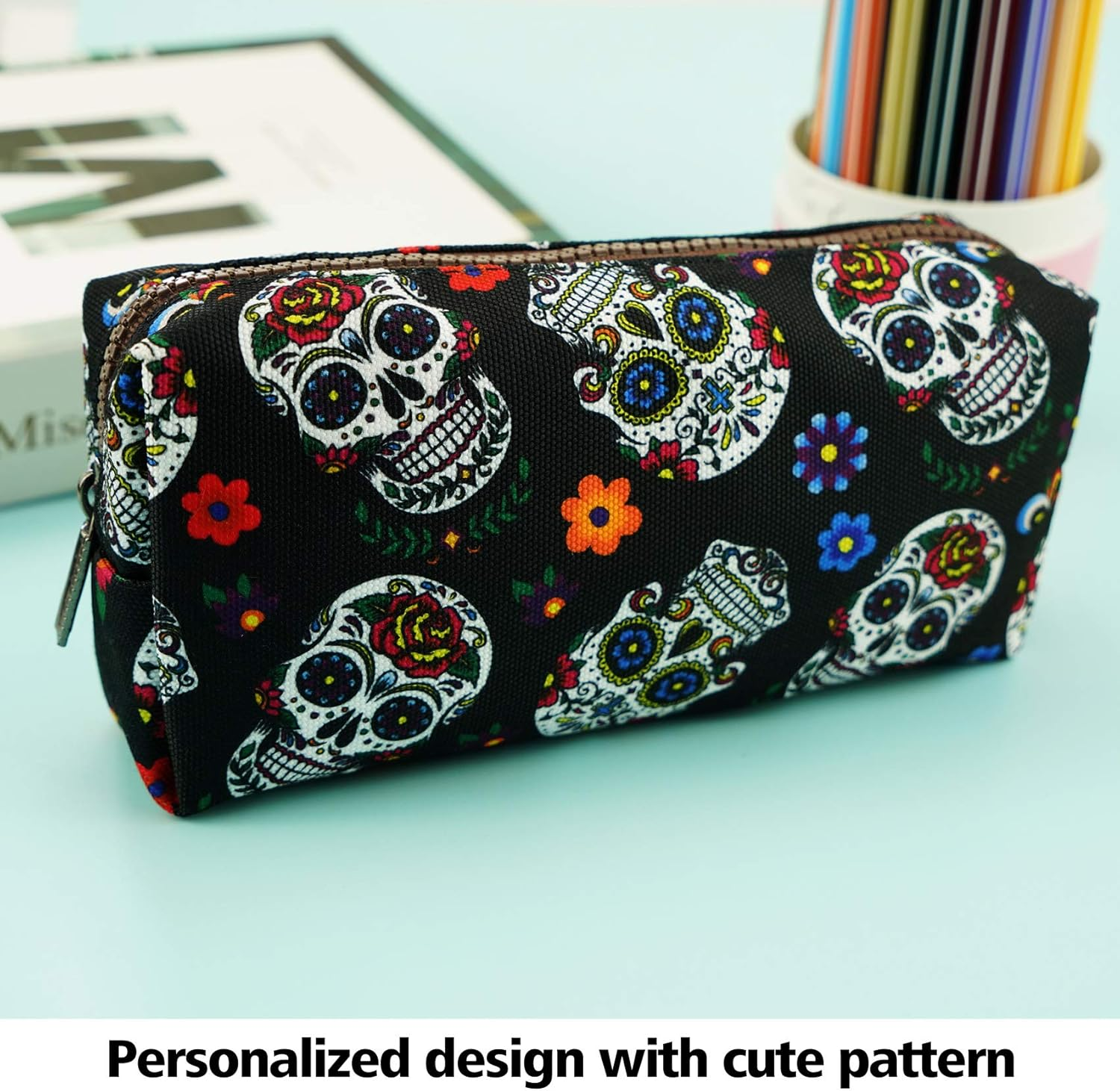Lparkin Sugar Skull Pencil Case Super Large Capacity Canvas Pen Bag Pouch Stationary Case Makeup Cosmetic Bag Gadget Box image number 3