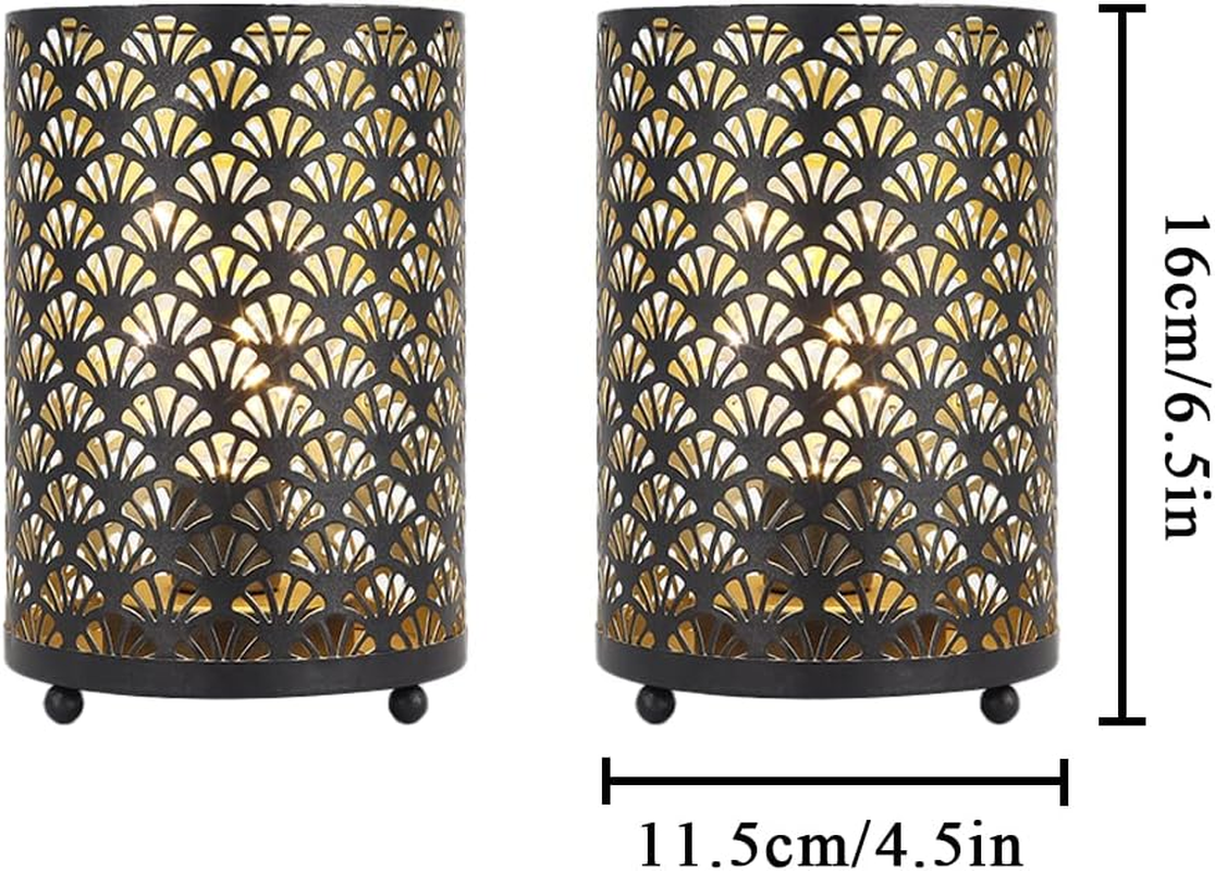 TRIROCKS Set of 2 Battery Operated Lamp 16Cm Tall Metal Cordless Table Lamp Bronze Lanterns with Warm Fairy Lights Bulb for Patio Garden Wedding Parties Indoor Outdoor(Scalloped Hollow Pattern) - Brown image number 5
