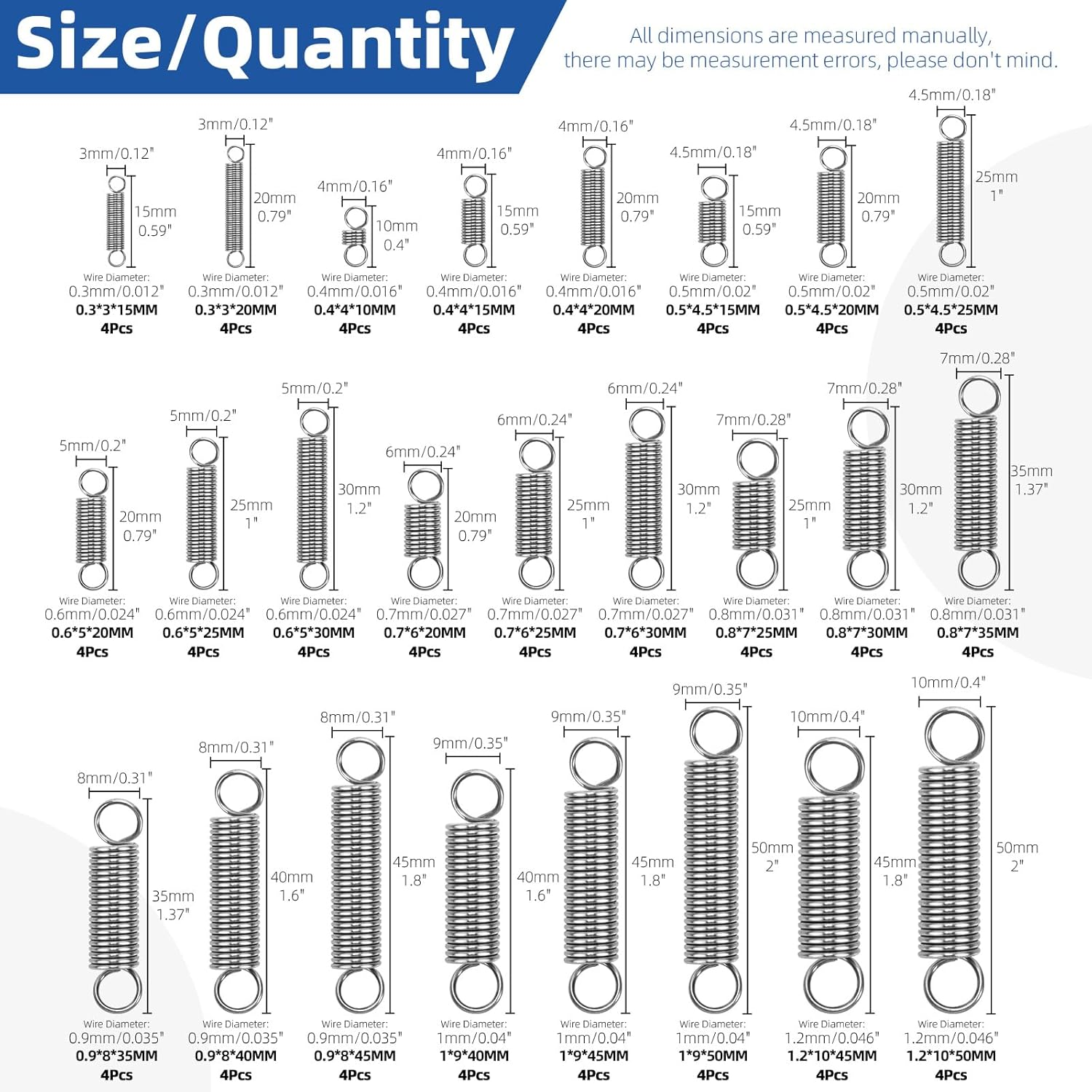 Glarks 100Pcs Stainless Steel Extension Springs with Double Hook Sets 25 Sizes Small Spring Tension Spring Wire Assortment for Machinery Construction Industrial image number 4