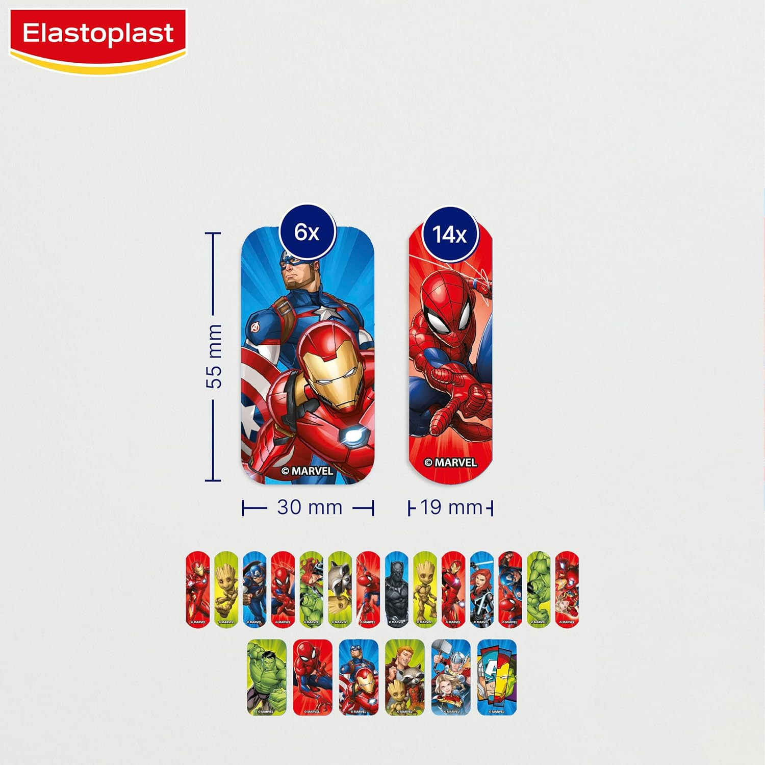 Elastoplast Kids Marvel Plasters (20 Pack) | Superhero Character Designs | Assorted Sizes | Safe for Children'S Sensitive Skin | Water-Resistant Material | Easy Removal | Protects Cuts from Infection