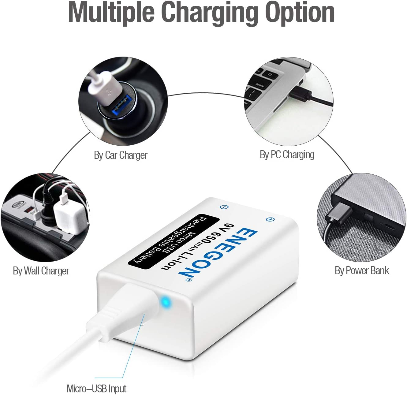 ENEGON 9V Direct USB Rechargeable Lithium-Ion 650Mah (5850Mwh) Batteries with 2 in 1 Micro USB Cable for Micro Phone, Smoke Alarms, Electronic Toys, Walkie-Talkie and More Devices (4-Pack) image number 1