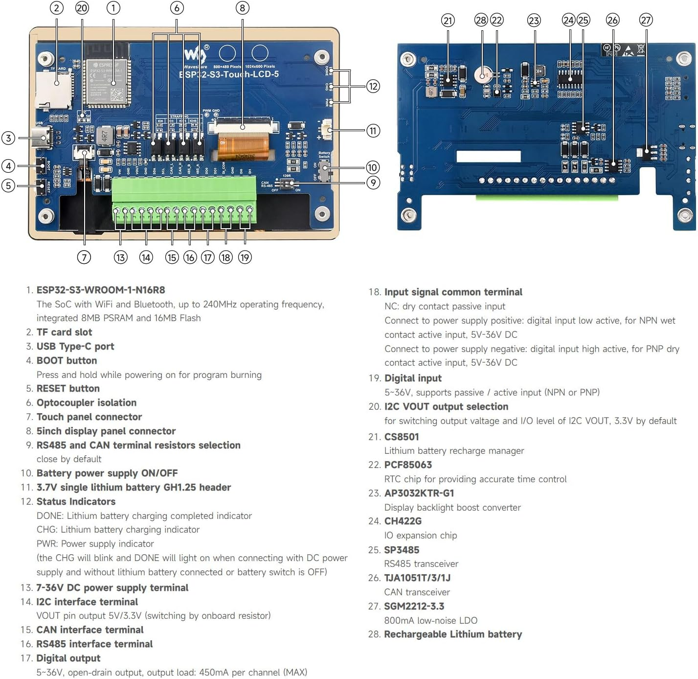 Waveshare ESP32-S3 5Inch Display Development Board, 800&times;480, 32-Bit LX7 Dual-Core Processor, up to 240Mhz Frequency, Supports WI-F & Blue-T, with Onboard Antenna, No Touch image number 2