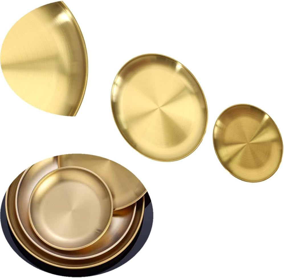 Changyeah Gold Tray round Storage Tray Stainless Steel Round,2 Piece Small Decorative Serving Tray,2 Styles Serving Tray and Plate Gold Candle Tray Storage Tray Decorative Tray image number 1