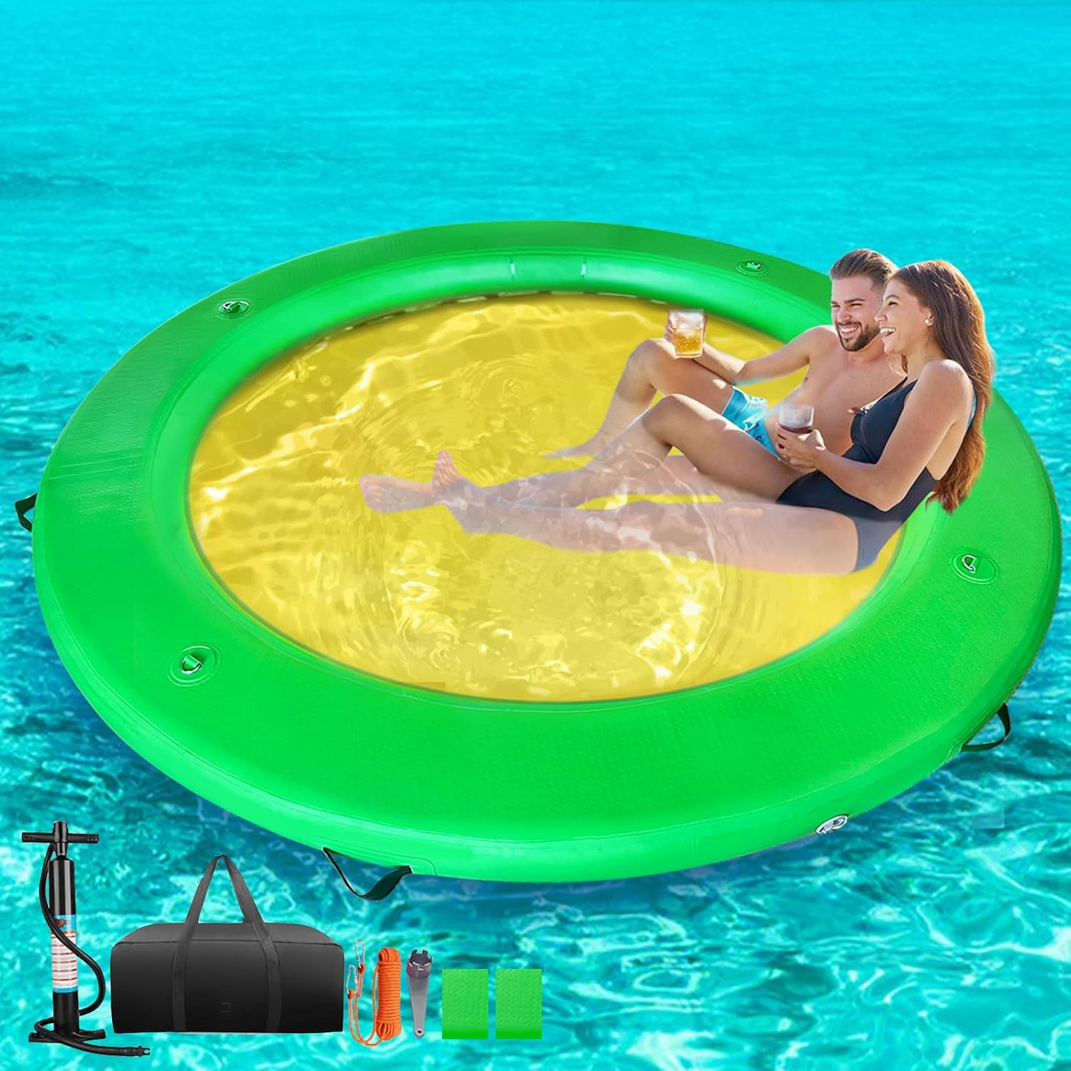 8FT Inflatable Dock round Floating Island with Mesh, Lounge Inflatable Water Hammock Pool Float Ring for Lake