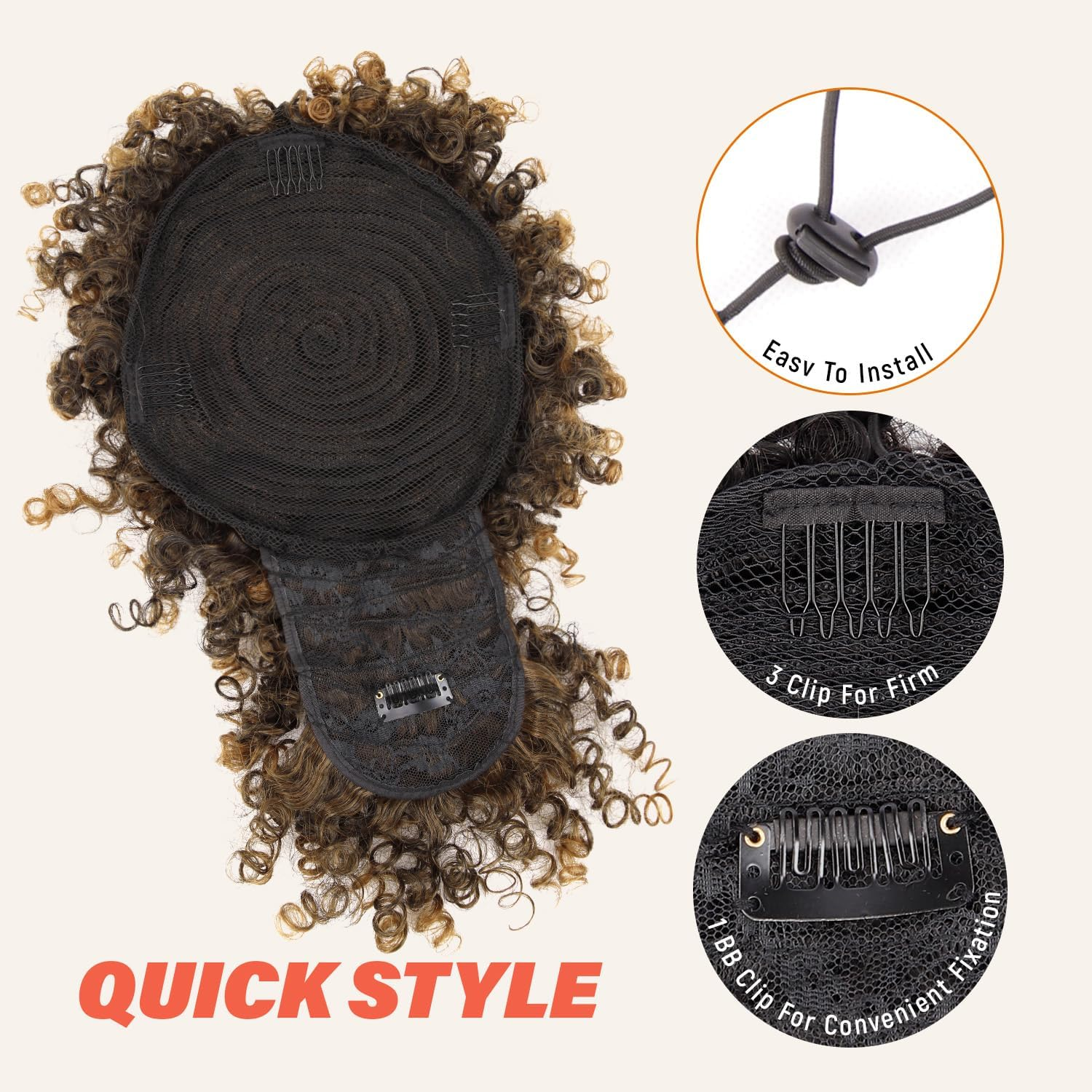 Builson Ponytail with Cord for Black Women Afro Puff Kinky Curly Hair Ponytail Extension with Bangs Natural Hair Ponytail (T27 Natural Black/Blonde) T27 Natural Black / image number 1