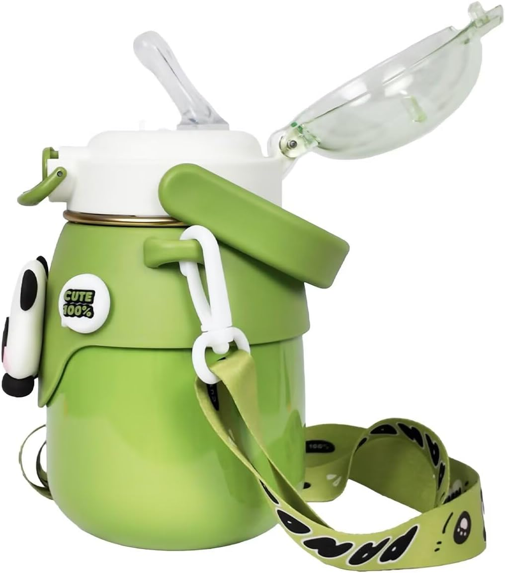 Landofgenie Insulated Stainless Steel Straw Water Bottle Cute Panda Shaped Cup Adjustable Strap Portable Handle Drinking Bottle for Gym, Hiking, School, Office, 24 Oz （Green）
