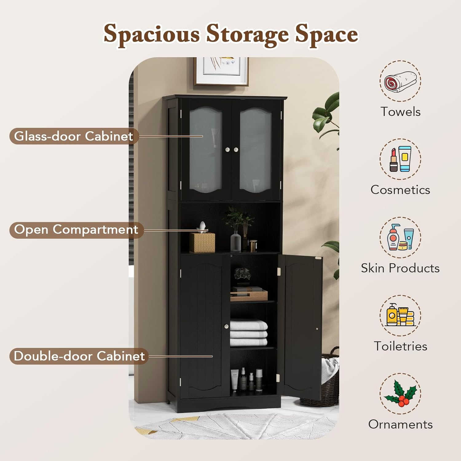 Giantex 164 Cm Tall Bathroom Storage Cabinet, Freestanding Linen Cabinet with Frost Glass Doors and Shelves, Kitchen Pantry Cabinet or Living Room Dining Room Office (Black) - Black image number 4