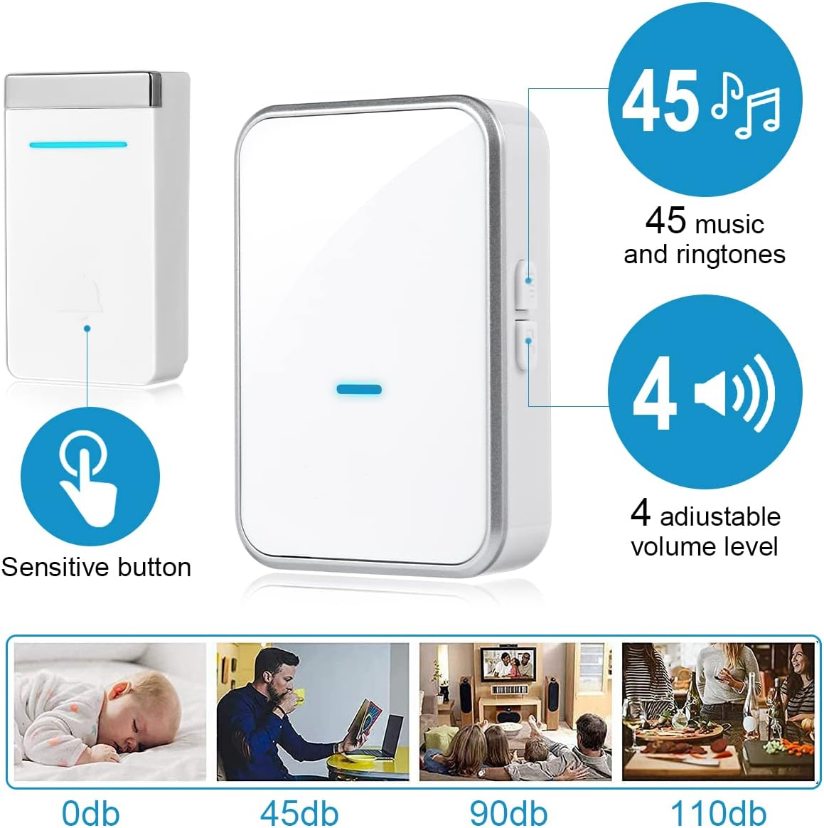 Yellow-Price No Battery Required Ring Doorbell Australia, Waterproof Self-Powered Wireless Doorbell Door Chime Kit with 45 Chimes, 4 Volume Levels, Long Range 300M (1 Button + 1 Receiver) - 1 Button + 1 Receiver image number 4